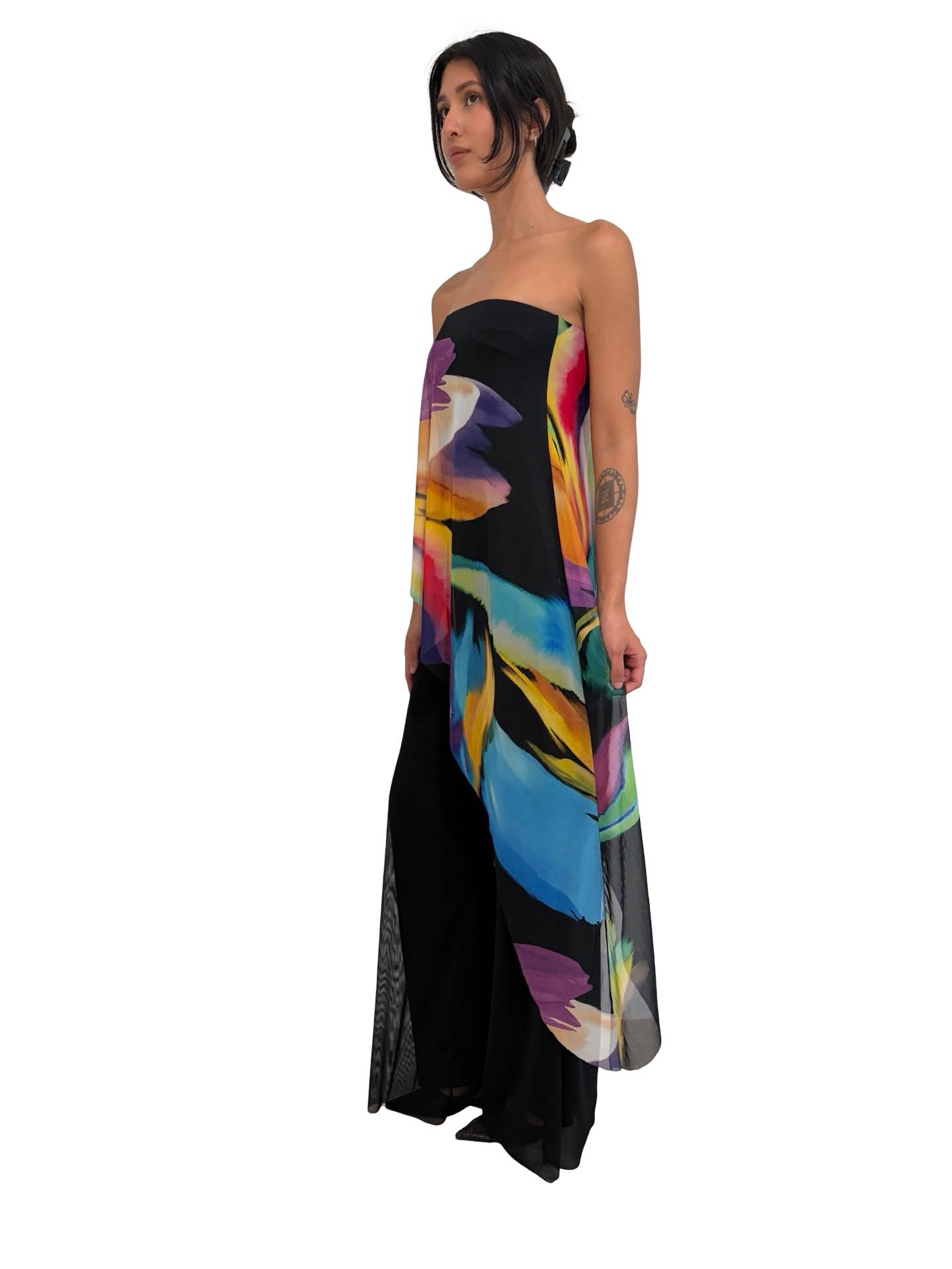 GLORY Solid Black Strapless Jumpsuit With Printed Overlay: XL