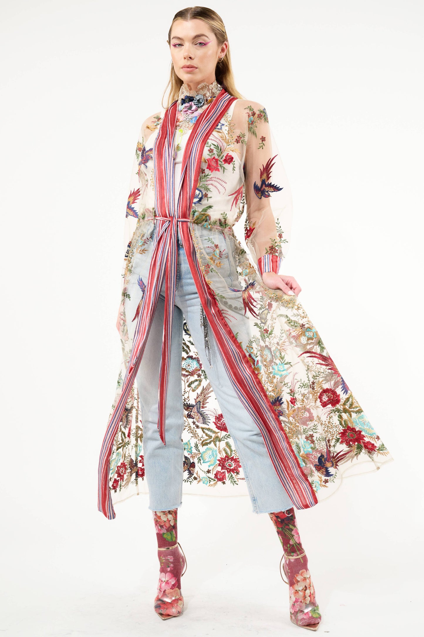 Jade Embroidered Mesh Duster / Topper: Red Stripe/Emb / M