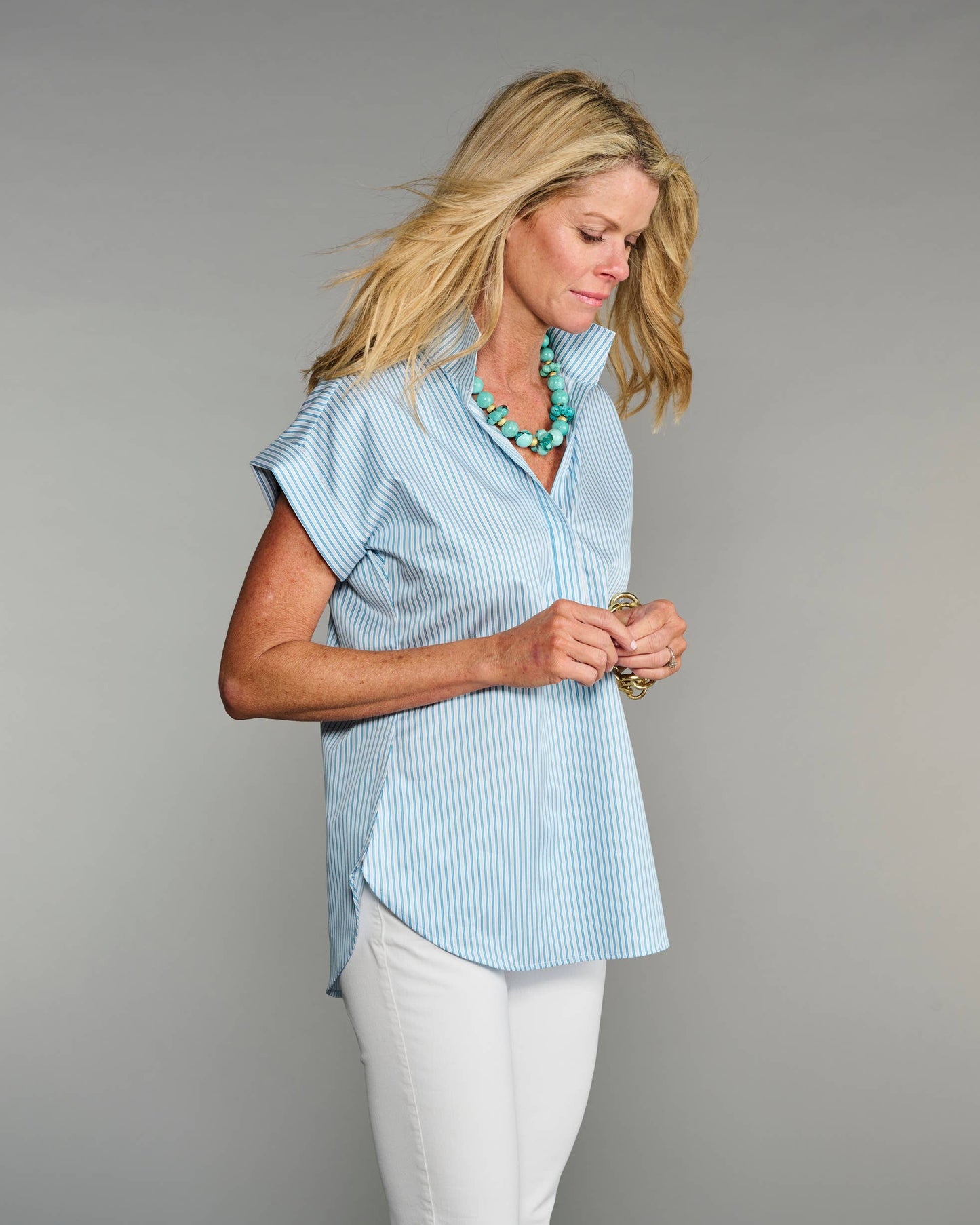 The Cap Sleeve League Blouse Sea Glass Stripe: Blue / S