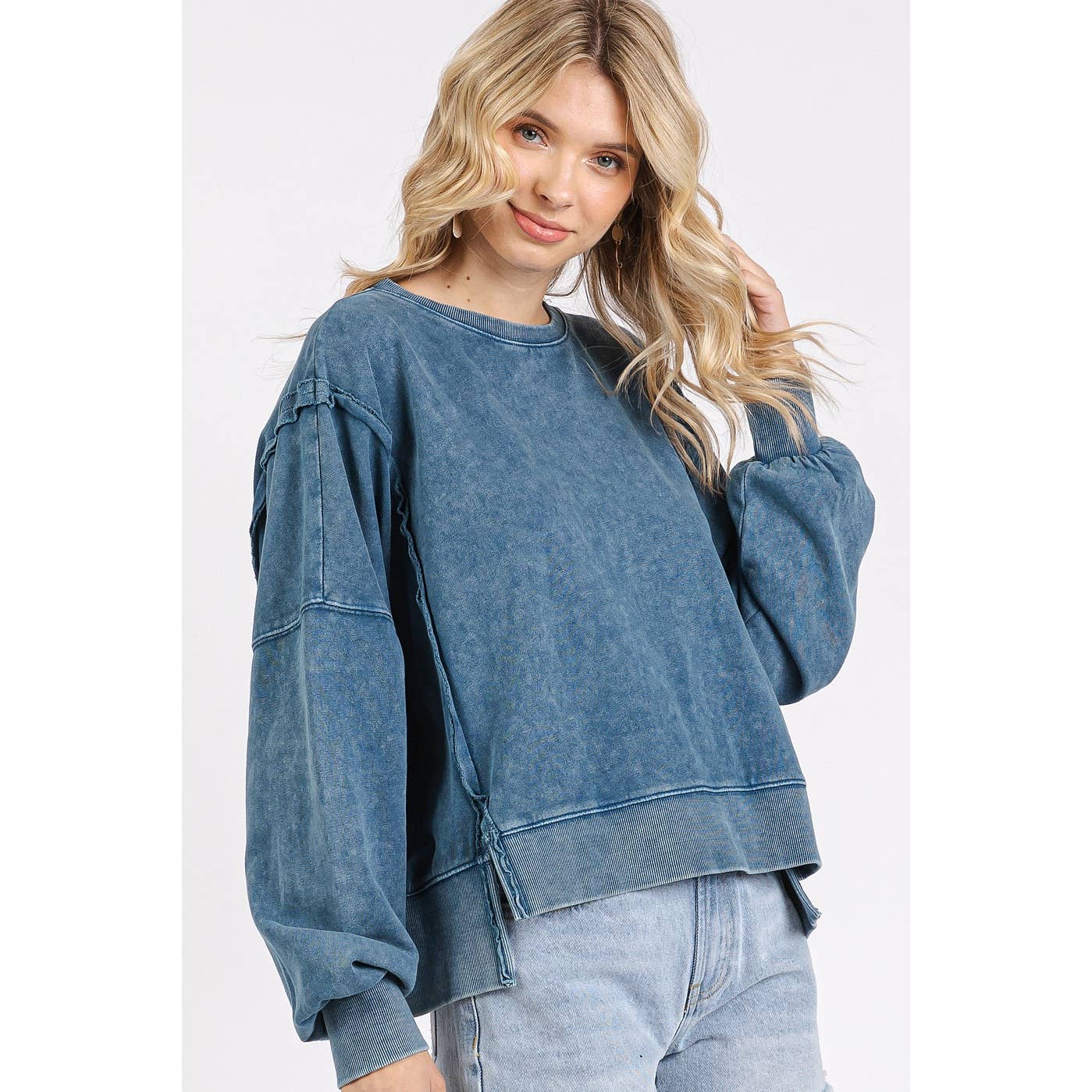 Mineral Wash Step Hem Crew Neck Long Sleeve Top S15459
