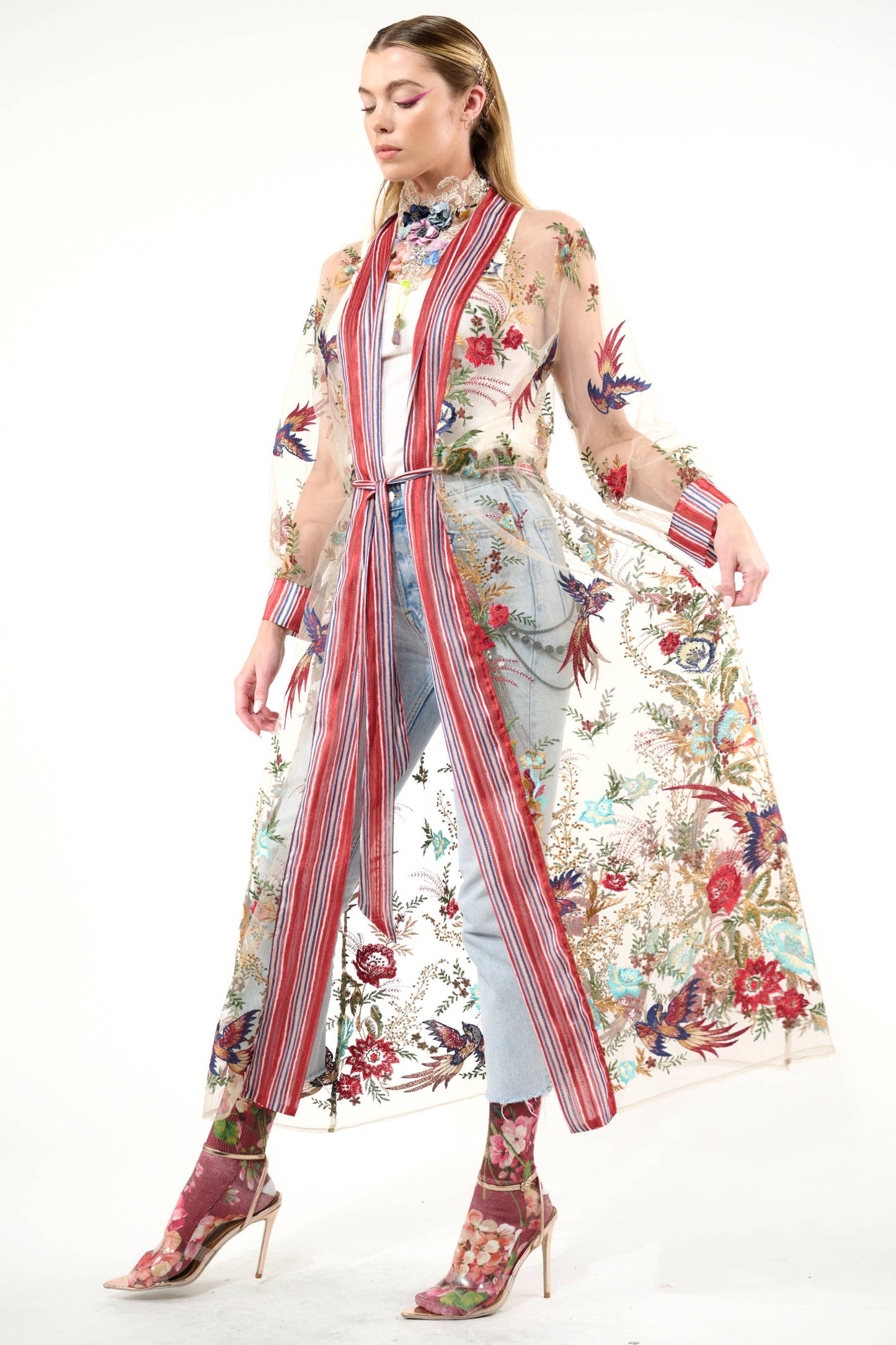 Jade Embroidered Mesh Duster / Topper: Red Stripe/Emb / M