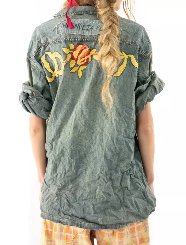 Cotton Denim Embroidered Isabel Floral Shirt 1202 - Magnolia Pearl