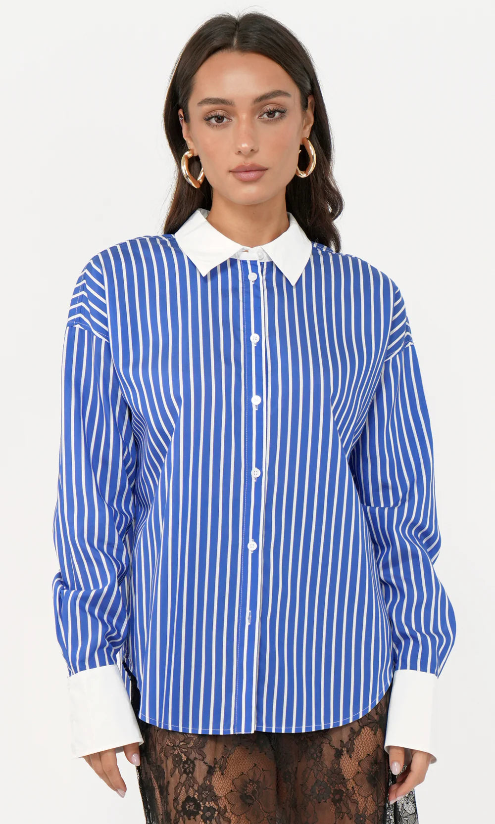 Geneviv Oversized Bold Stripe Shirt w/ Contrast Cuff G254T7194 - GREYLIN