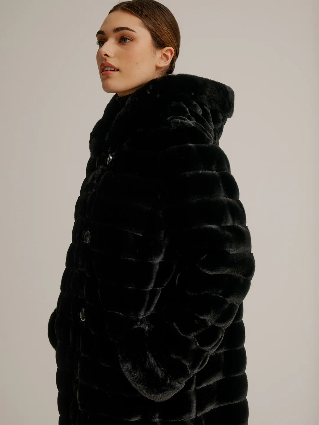 Reversible Luster Faux Fur Coat W/ Hood And Button Front K4129R-335