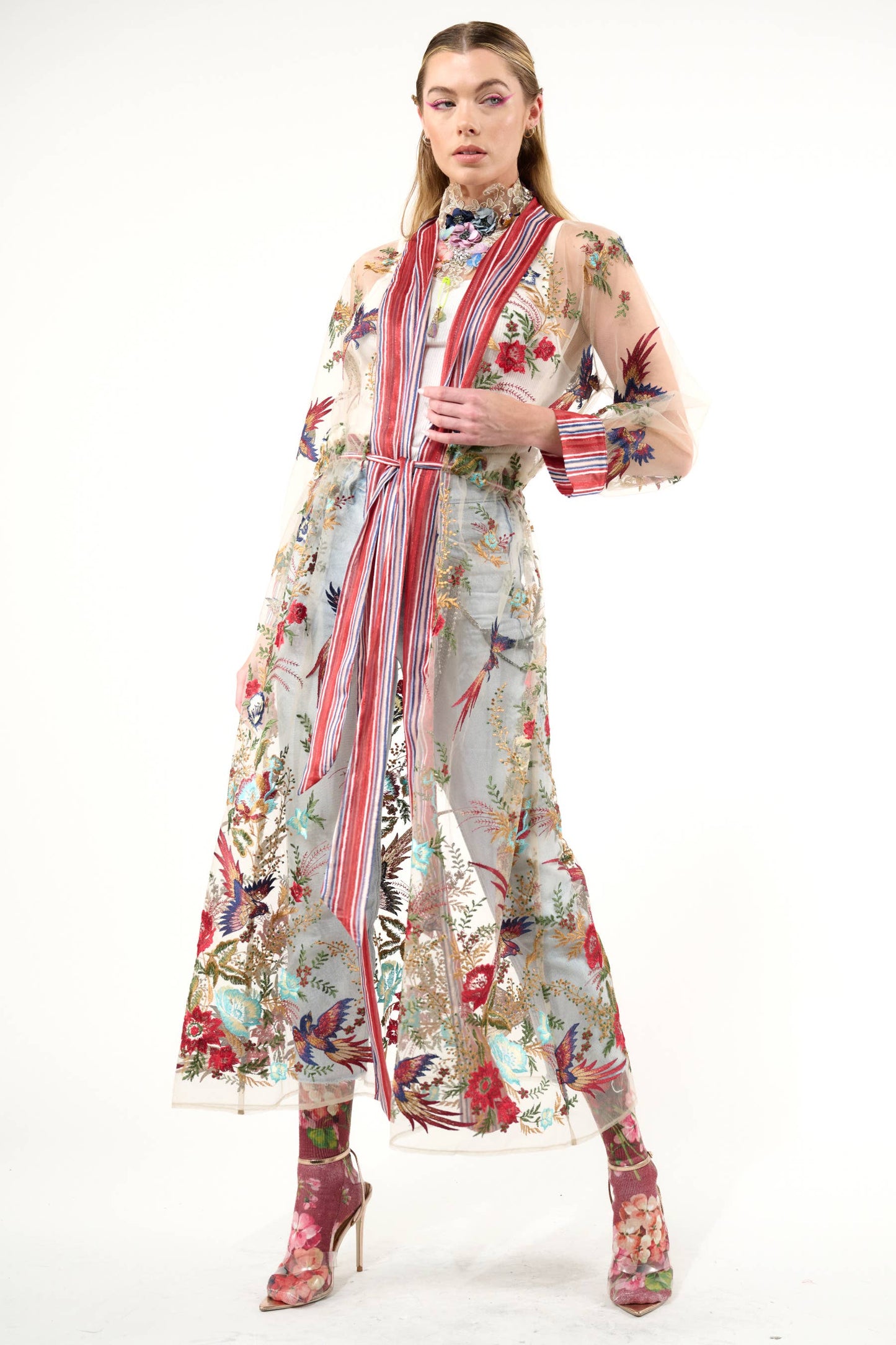 Jade Embroidered Mesh Duster / Topper: Red Stripe/Emb / M