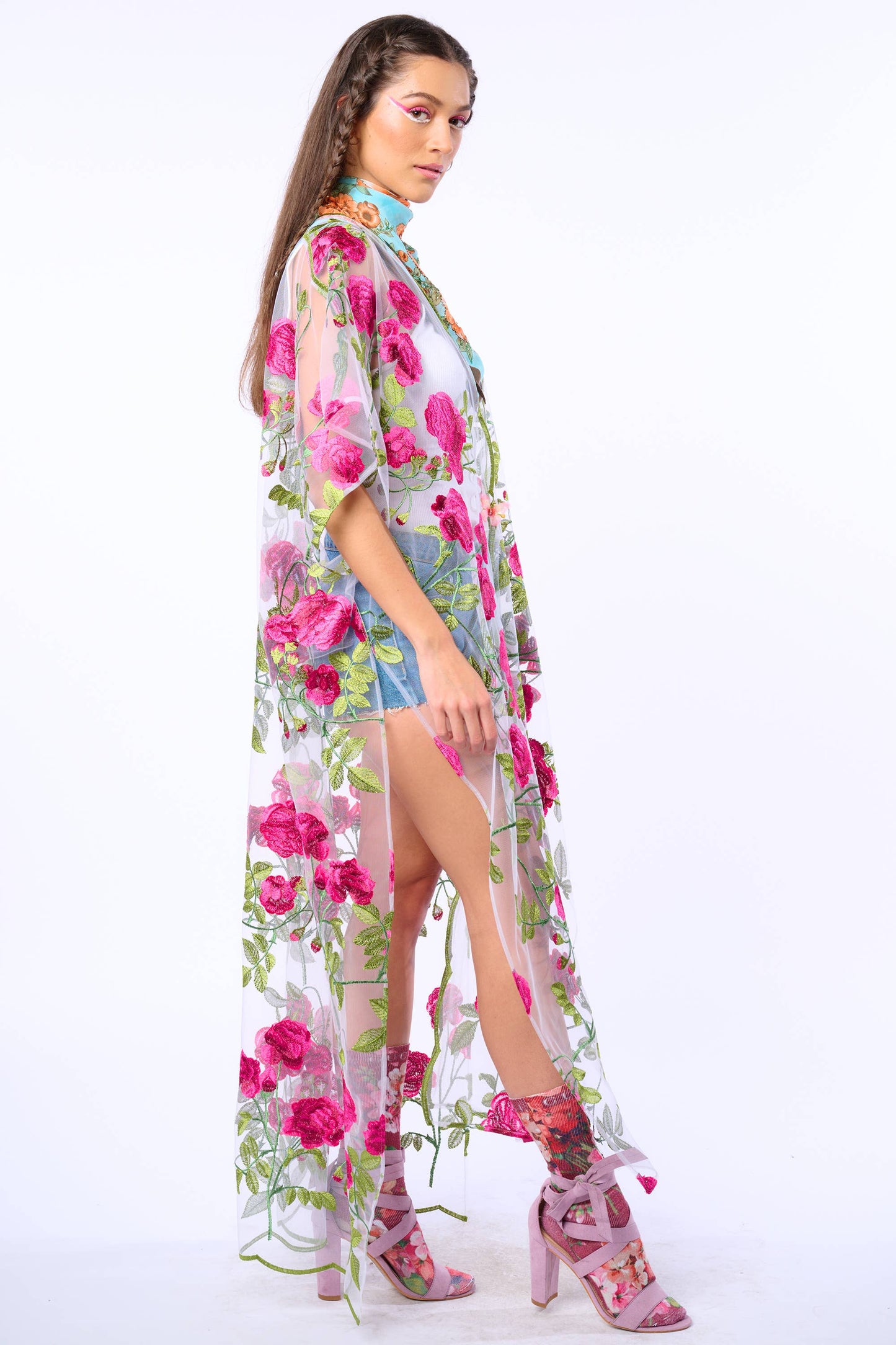 Holiday Of Love Embroidered Mesh Kimono / Topper : Rose Embroidery / One Size