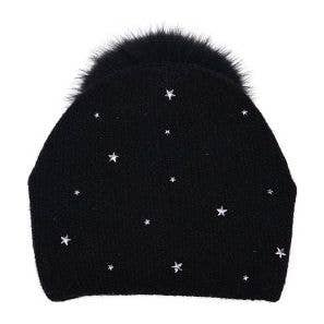 Chloe Stars & Studs Winter Hat: Black Real Fur Pom Pom
