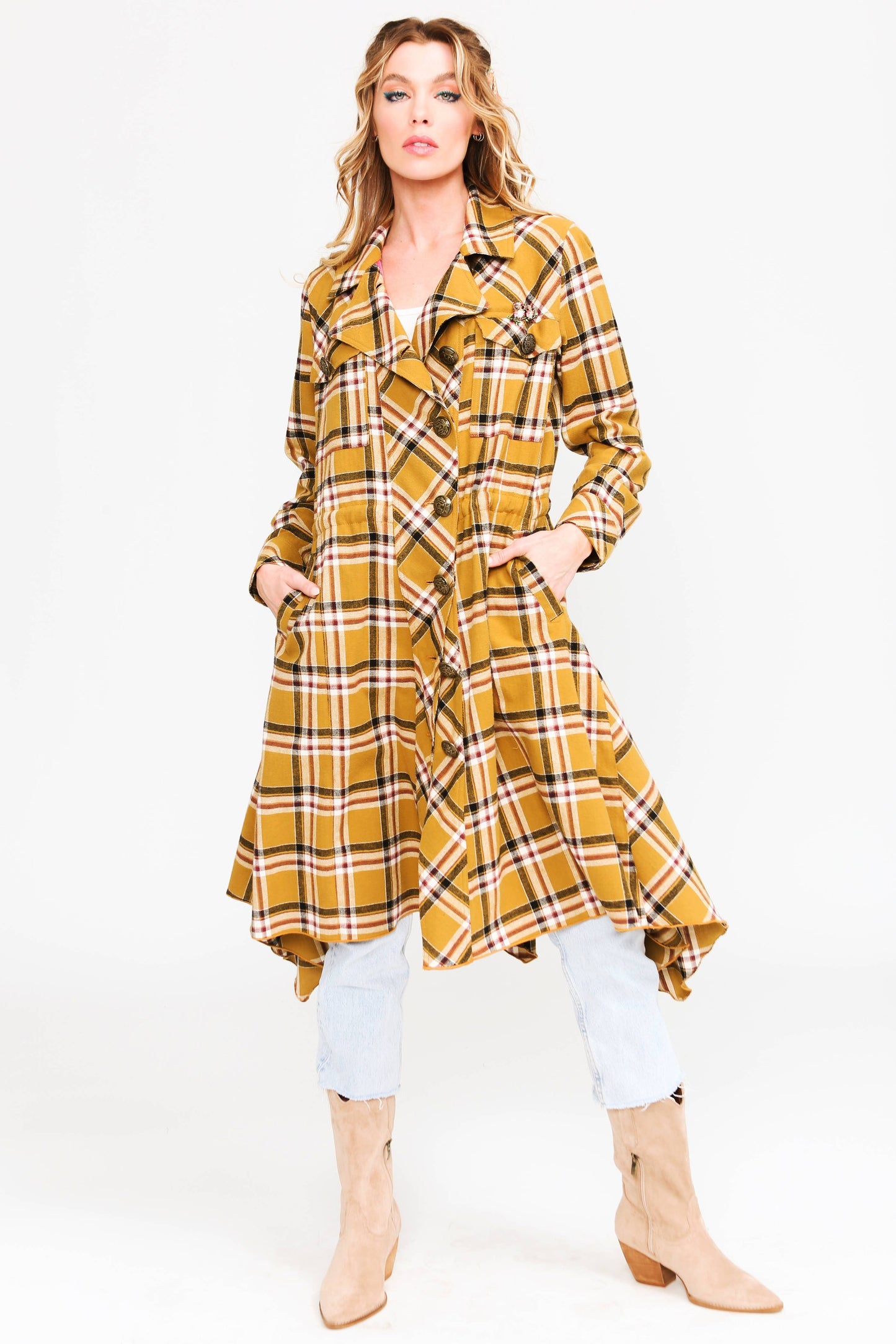 Coco Plaid Trench Coat: Mustard Combo / M