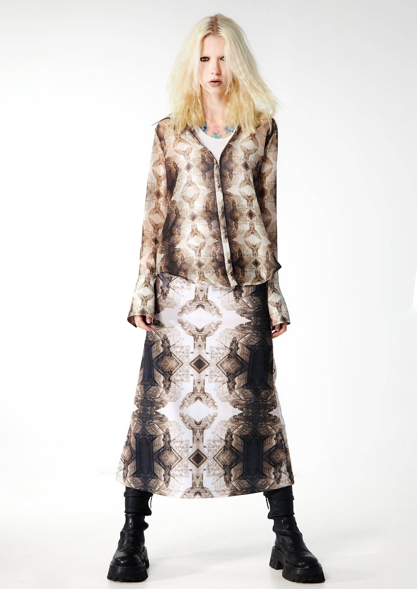 Babs Body-hugging Midi Skirt - Sepia Gargoyles Print Design: Sepia / X-Small / Gargoyles
