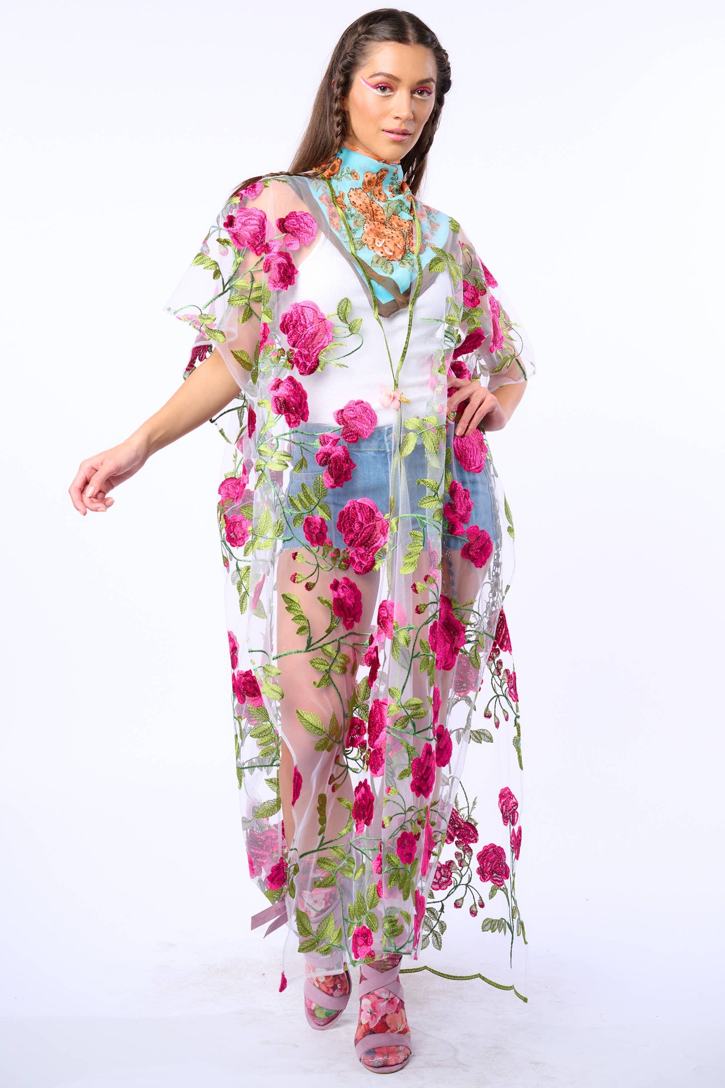Holiday Of Love Embroidered Mesh Kimono / Topper : Rose Embroidery / One Size