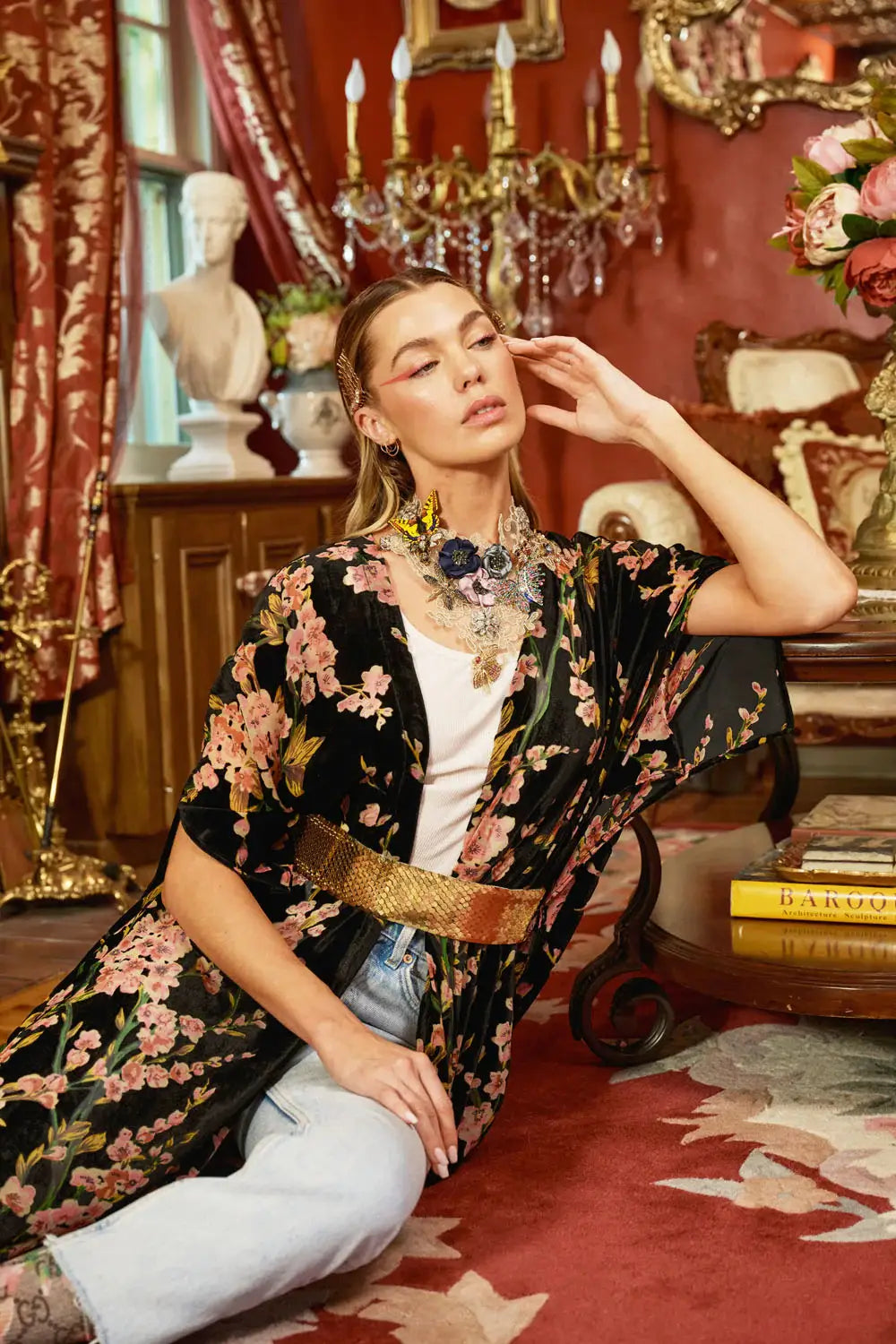 Holiday Garden Burnout Velvet Kimono / Topper : Black Burnout / One Size