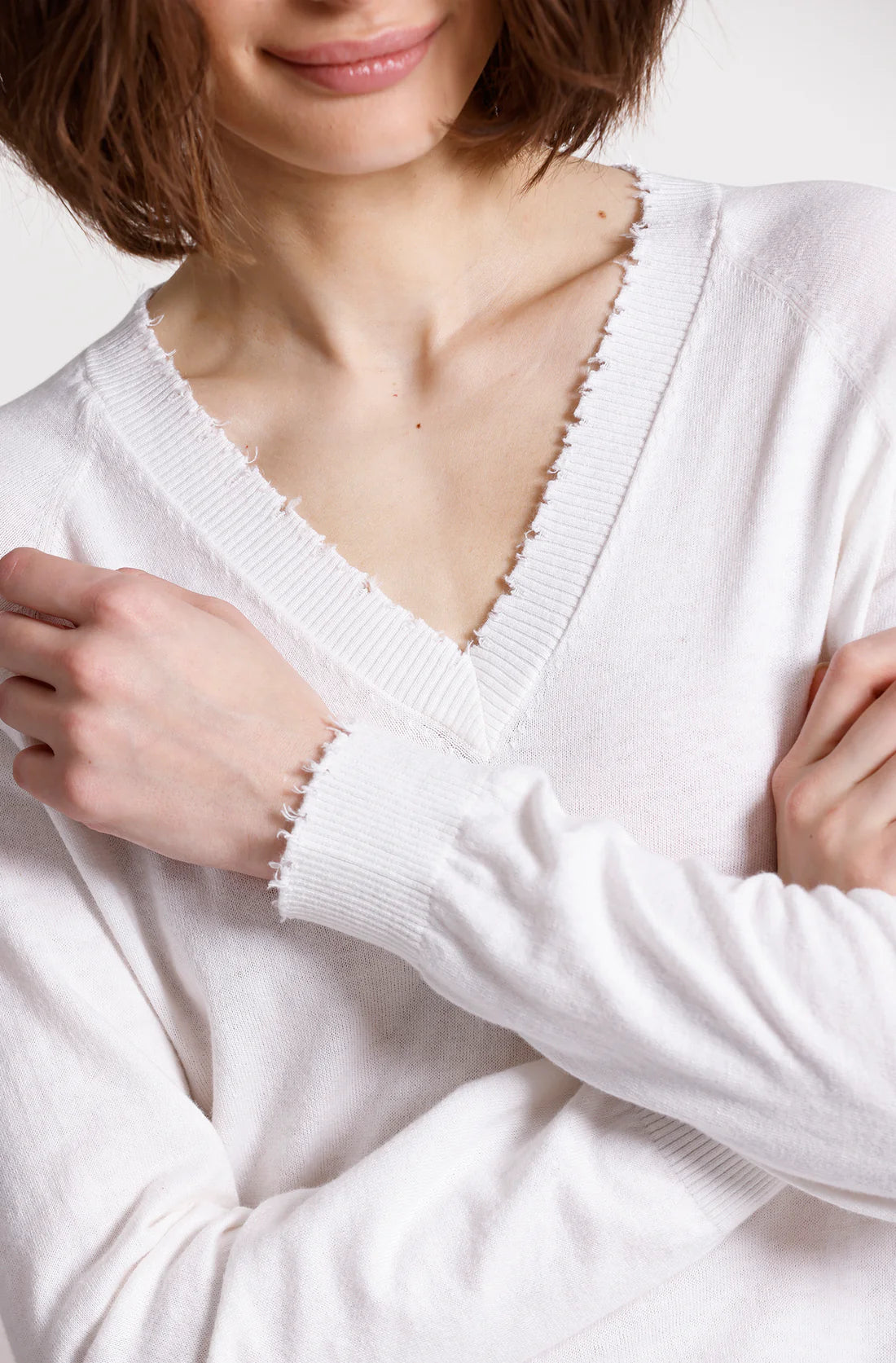 Cotton Cashmere Frayed Edge V Neck YR86130 - Minnie Rose