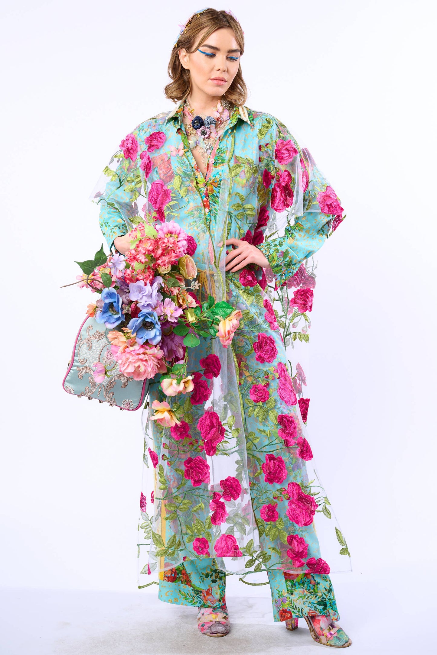 Holiday Of Love Embroidered Mesh Kimono / Topper : Rose Embroidery / One Size