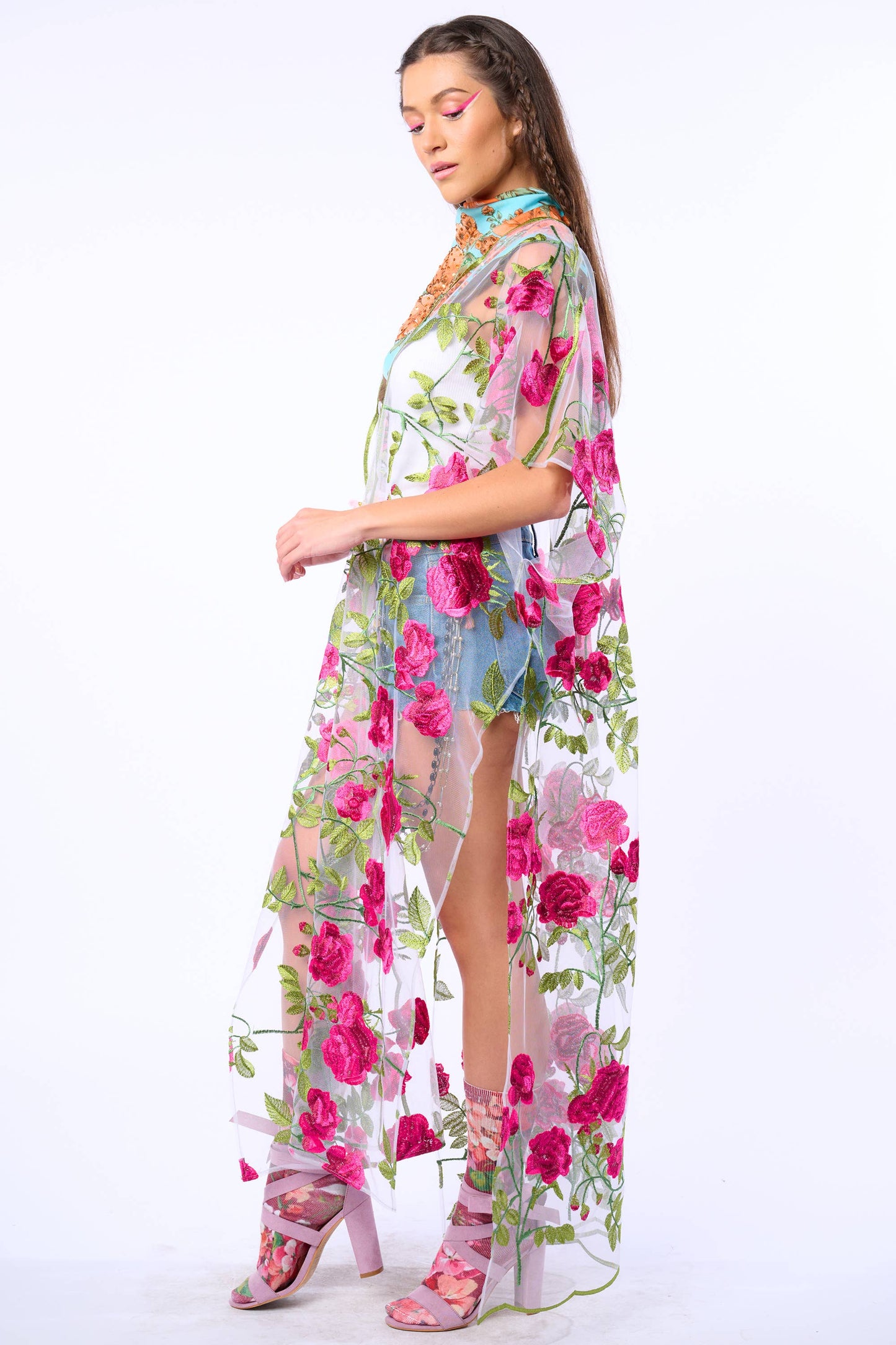 Holiday Of Love Embroidered Mesh Kimono / Topper : Rose Embroidery / One Size