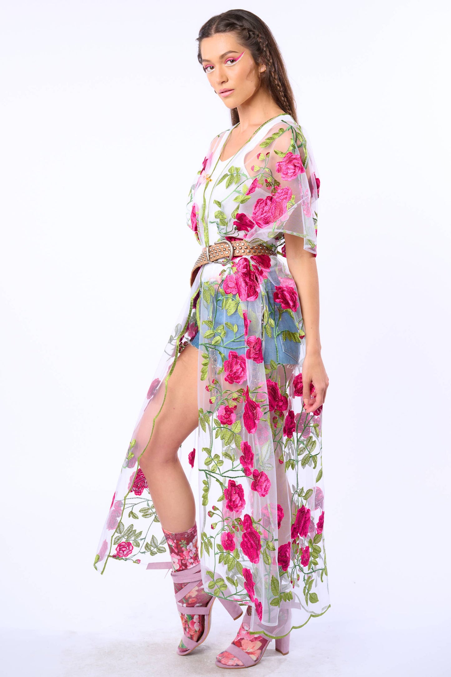 Holiday Of Love Embroidered Mesh Kimono / Topper : Rose Embroidery / One Size