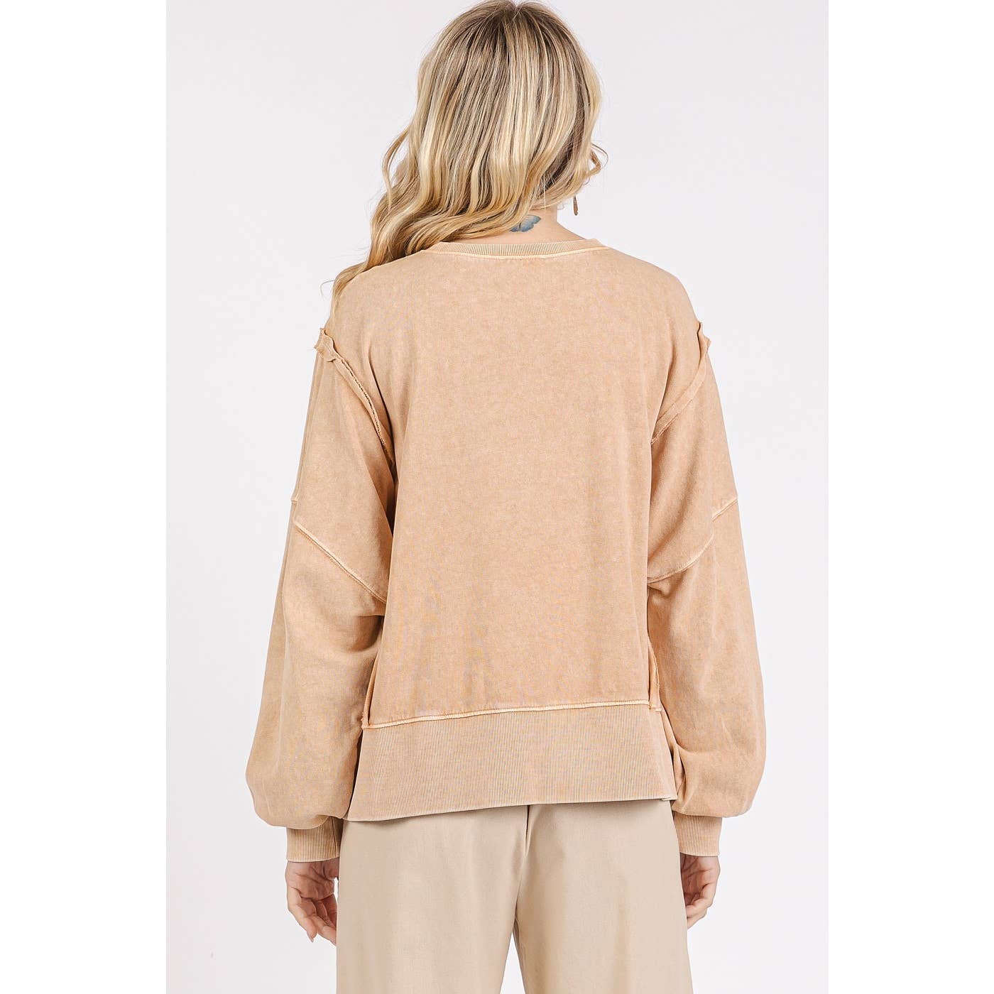 Mineral Wash Step Hem Crew Neck Long Sleeve Top S15459