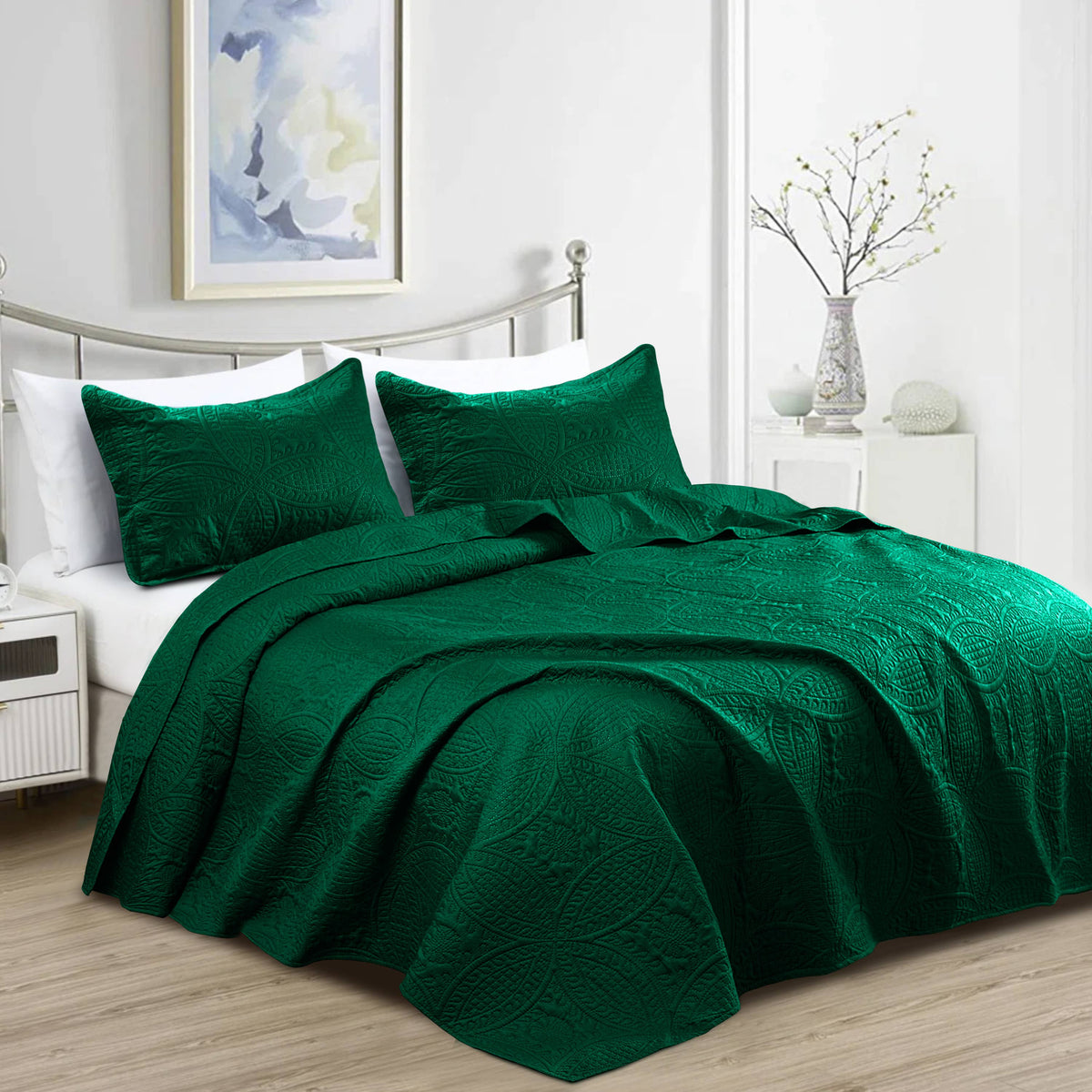 Quilted Bedspread 3 Pc Coverlet Bedding Quilt Set All Season: Full/Queen / Grey
