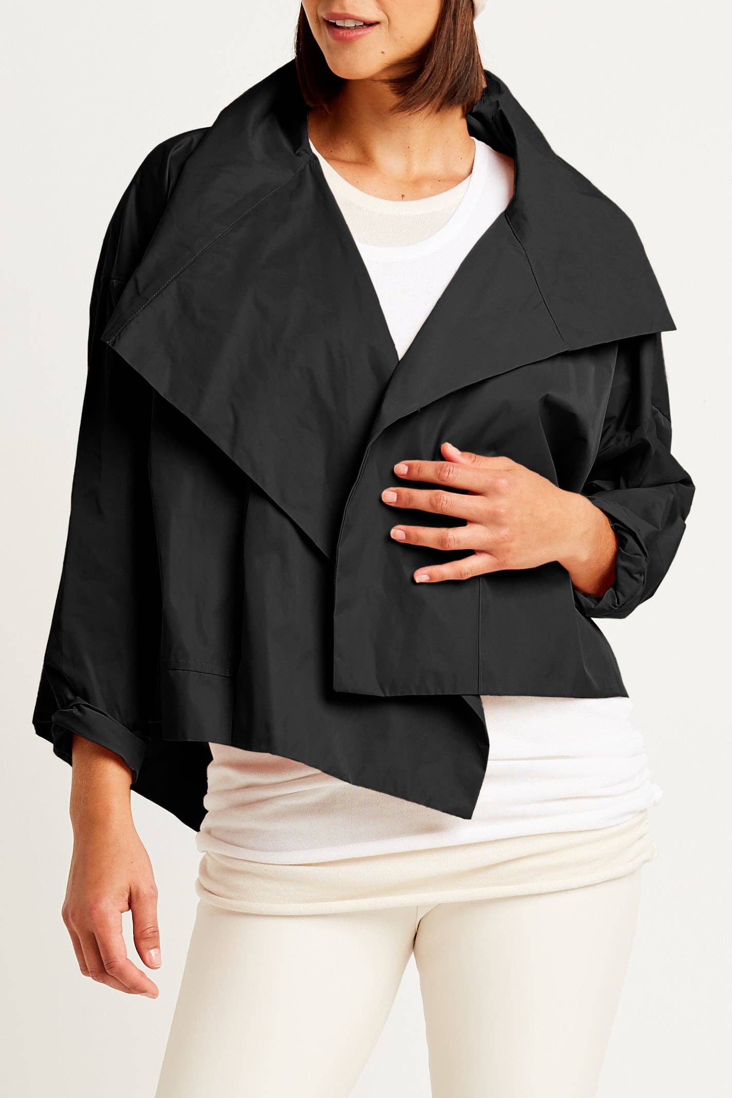 Nylon Cropped Asymmetrical Jacket - Black: Black