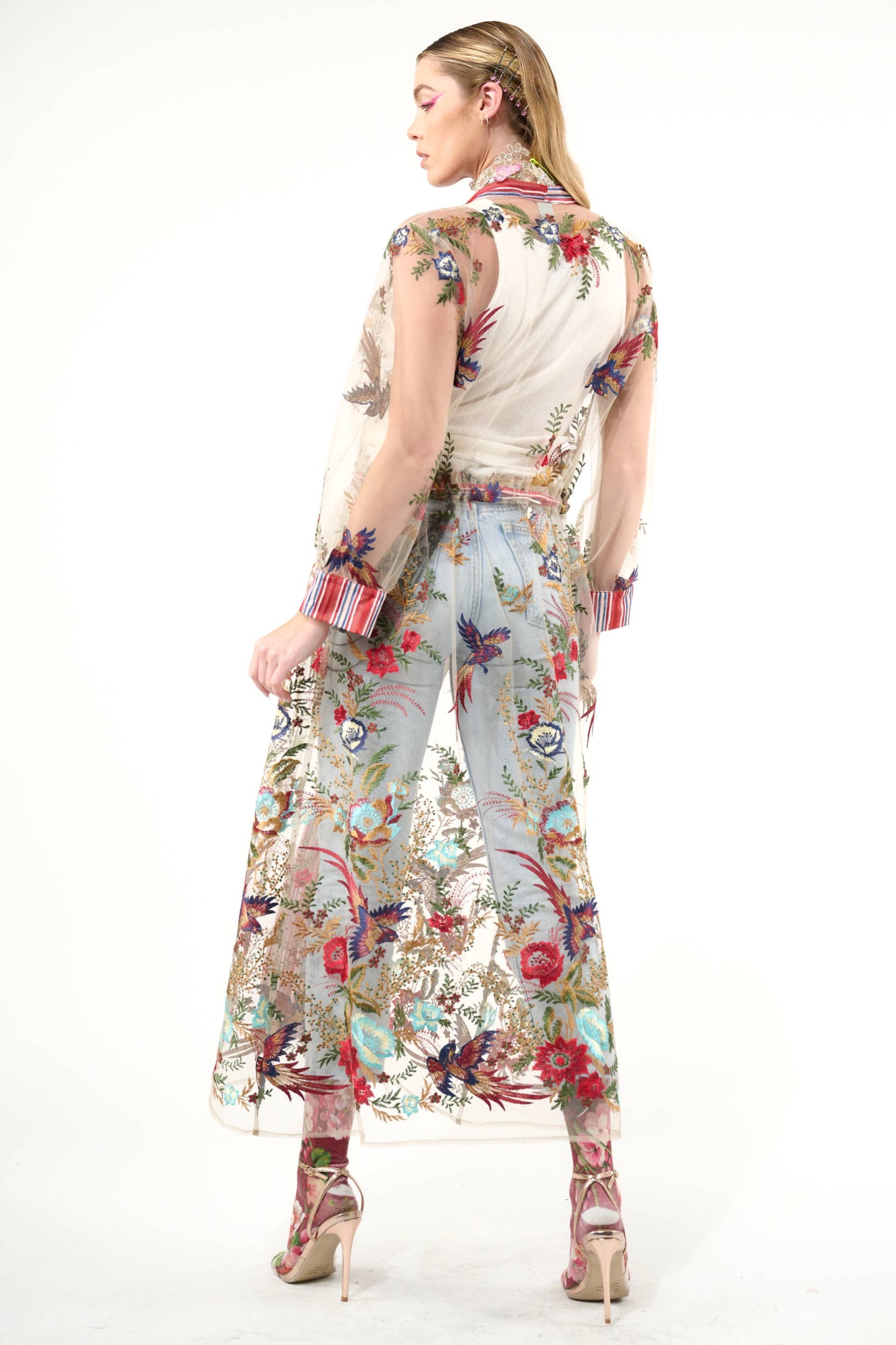 Jade Embroidered Mesh Duster / Topper: Red Stripe/Emb / M
