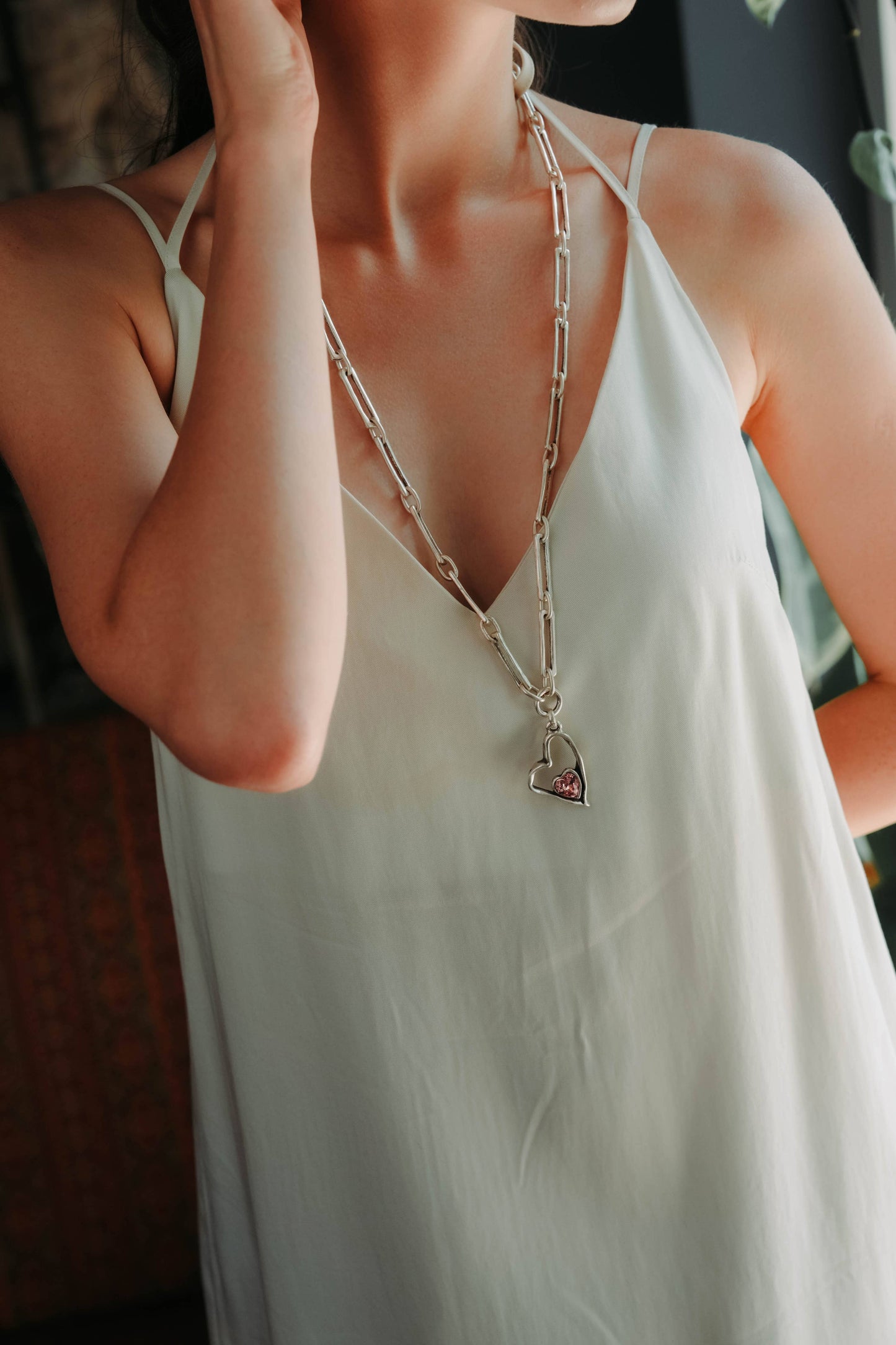 Handmade Pink Heart Crystal Pewter Necklace - 3892