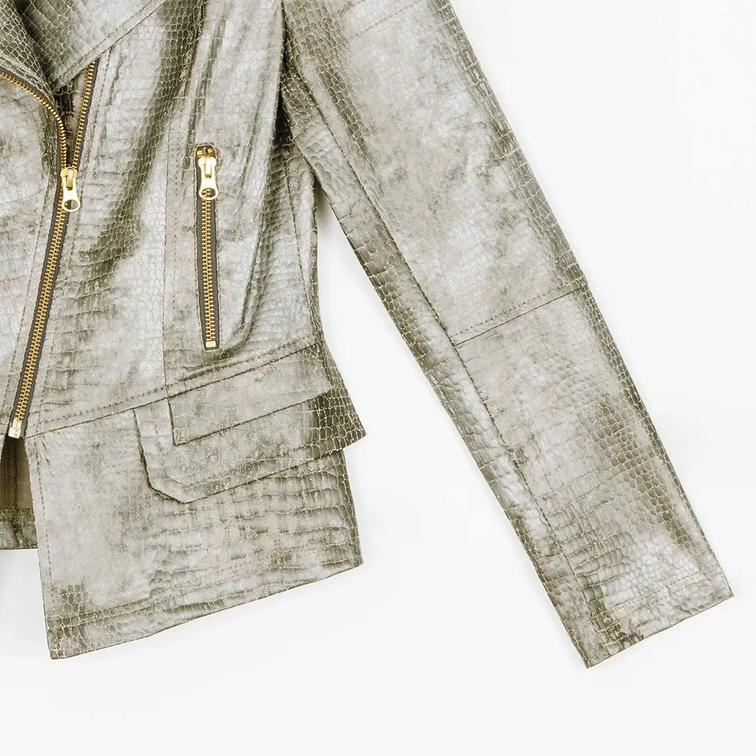 JK75P - Liquid Leather ™ Textured Biker Jacket - Croc Print: OLIVE / M