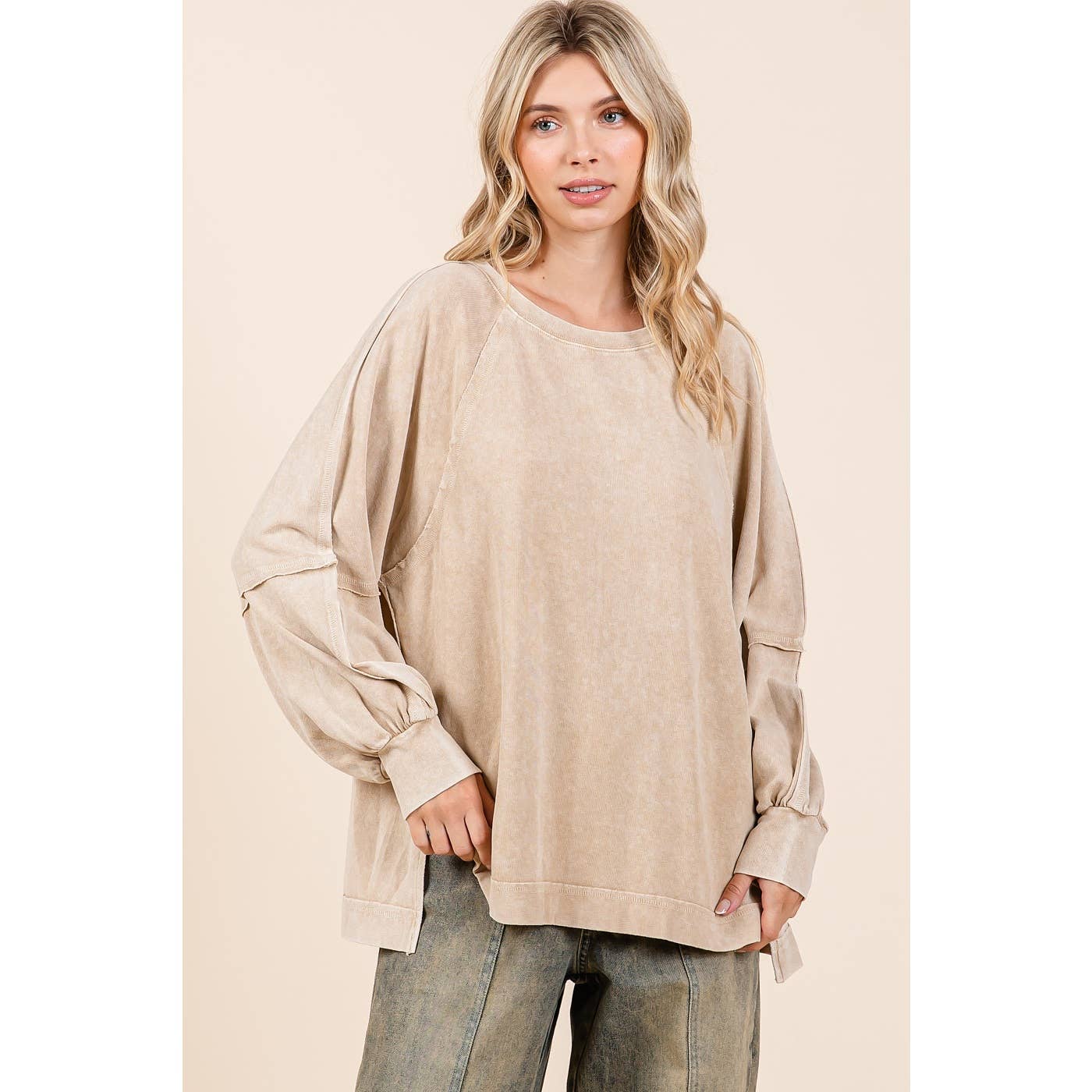 Mineral Wash Raglan Long Sleeve Oversized Top S15303