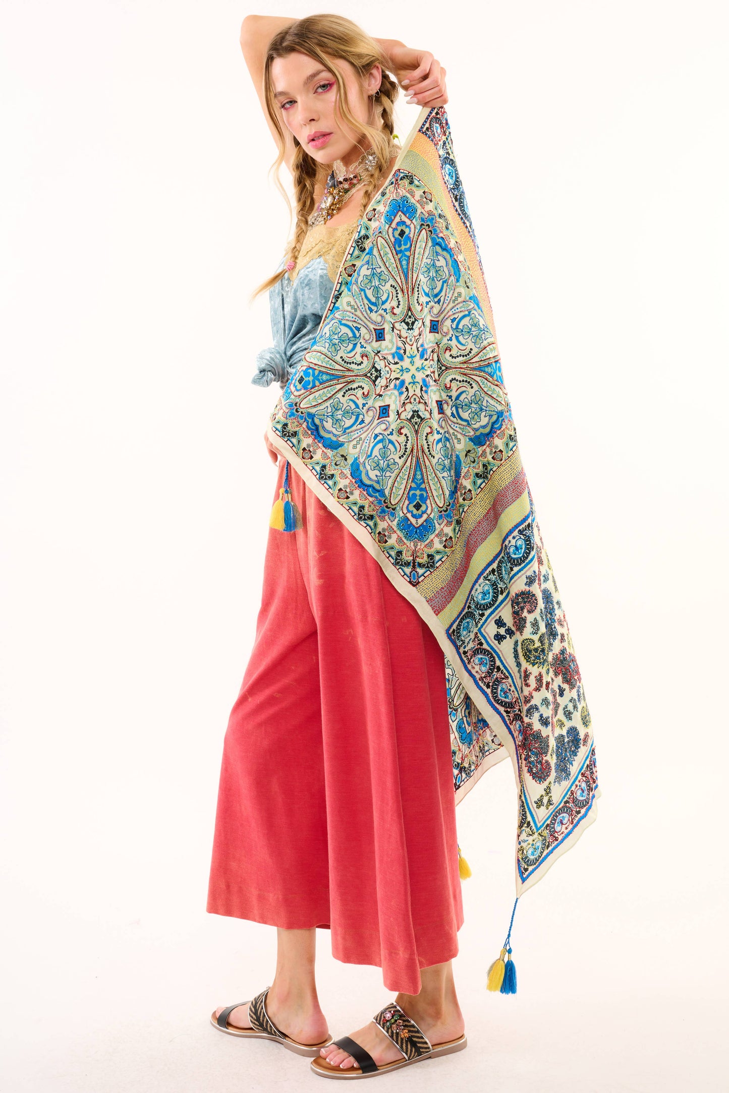 Crafted Hand Stitched Silk Scarf: Sage/Blue Combo / One Size