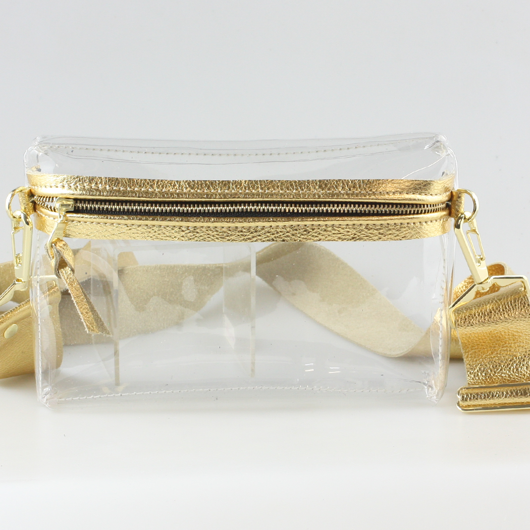 The CLEAR Stadium Hip Bag / Shoulder Bag: 2sizes: Gold / 9"x6" / Matching Leather Strap