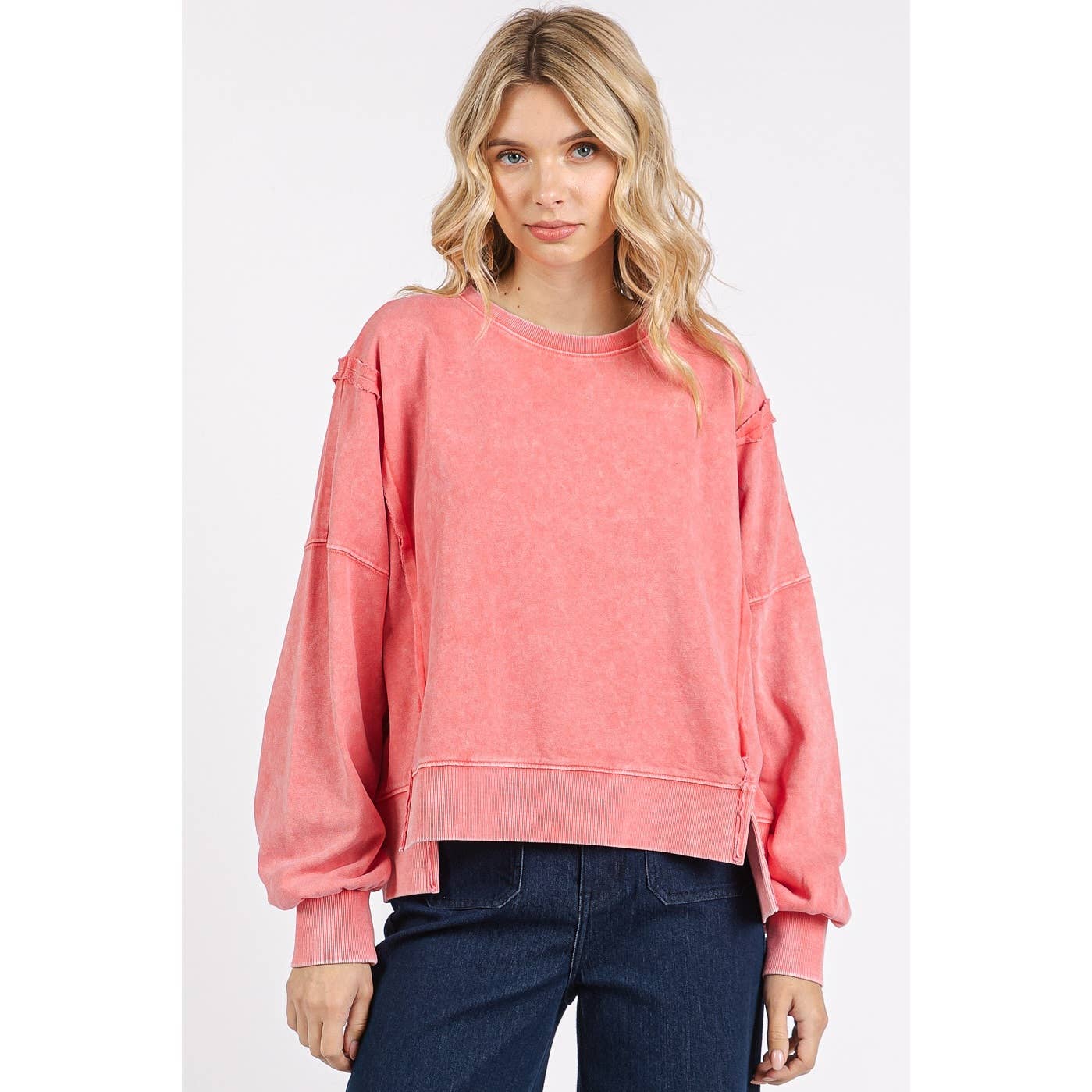 Mineral Wash Step Hem Crew Neck Long Sleeve Top S15459