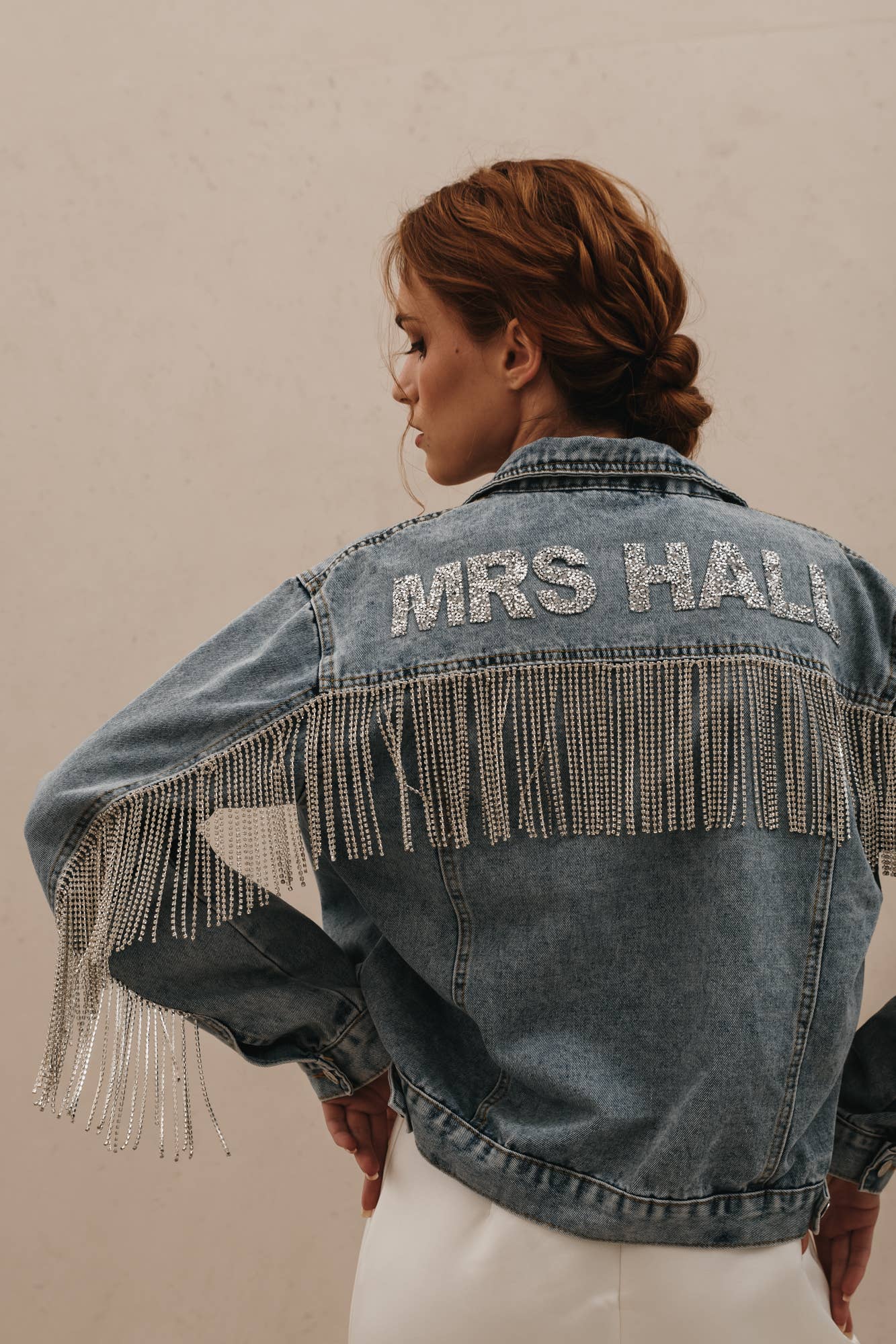 Rhinestone Fringe Jacket: S / Black Denim