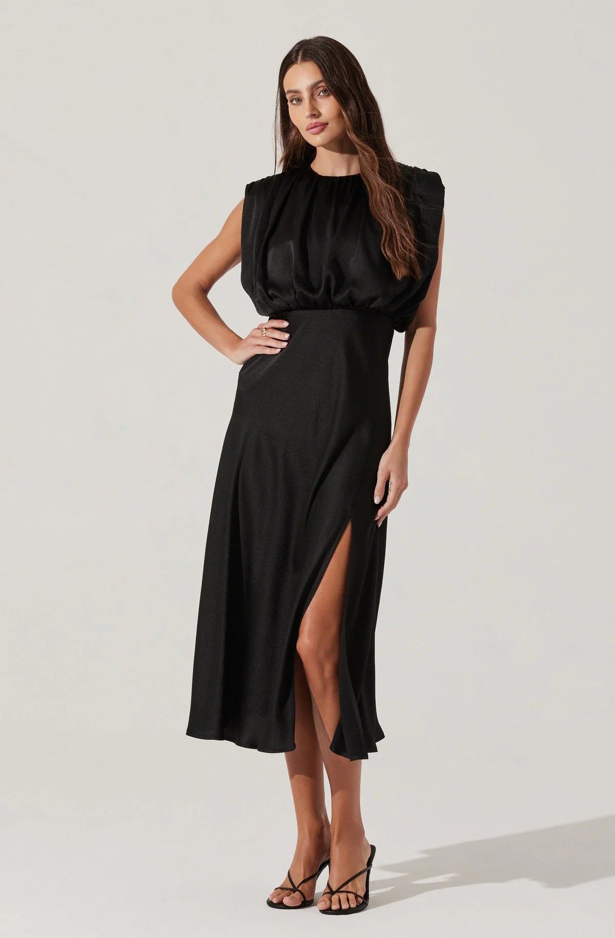 satin blouson dress ASOS DESIGN satin high neck blouson maxi dress with flutter sleeves in plum