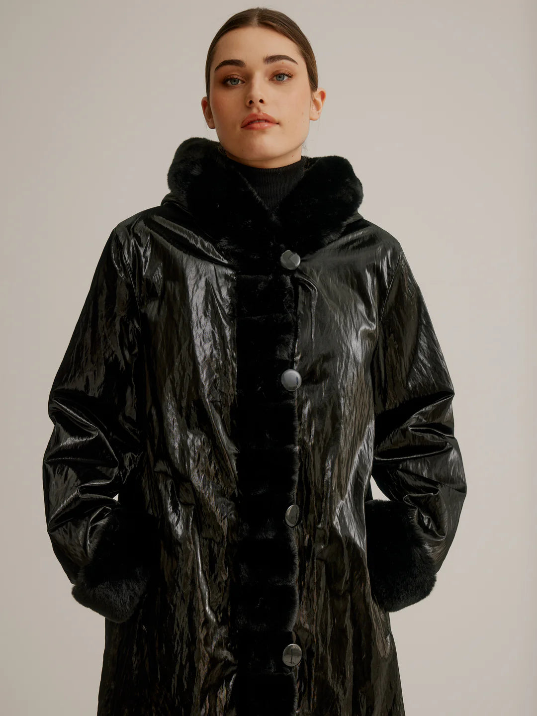 Reversible Luster Faux Fur Coat W/ Hood And Button Front K4129R-335