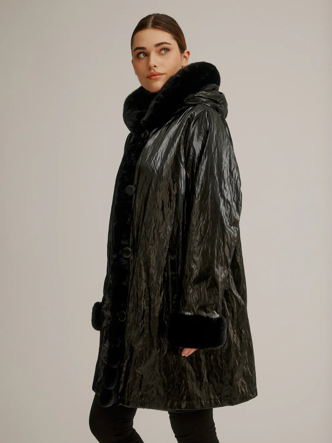 Reversible Luster Faux Fur Coat W/ Hood And Button Front K4129R-335