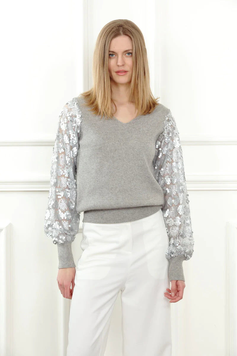 V Neck Sheer Sequins Sleeve Sweater 38220 - Zero Degree Celsius