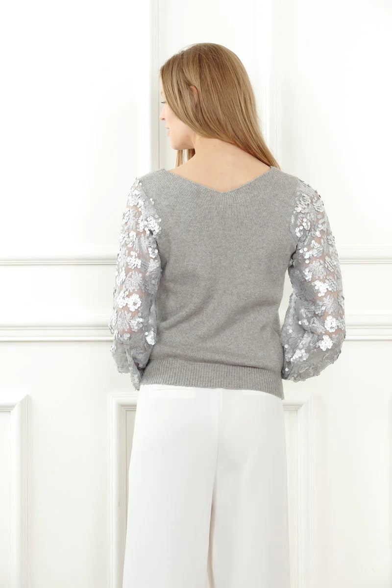 V Neck Sheer Sequins Sleeve Sweater 38220 - Zero Degree Celsius