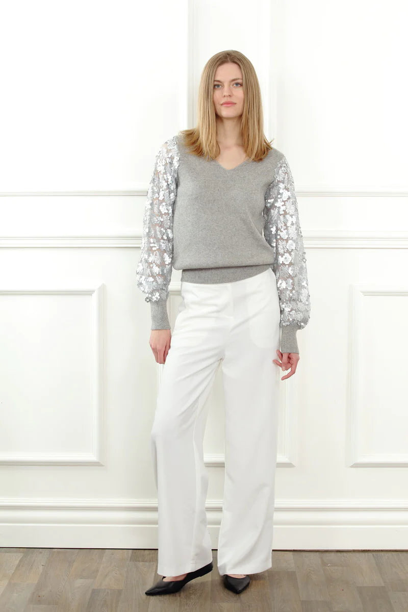 V Neck Sheer Sequins Sleeve Sweater 38220 - Zero Degree Celsius