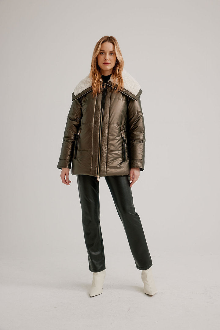 Faux Leather Multi Stitch Quilted Moto Jacket with Berber Lined Oversized Collar K5568RO-815 - Nikki Jones