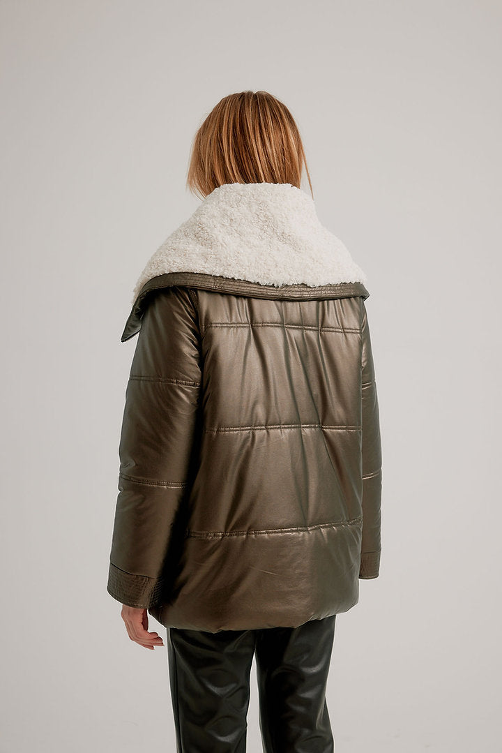 Faux Leather Multi Stitch Quilted Moto Jacket with Berber Lined Oversized Collar K5568RO-815 - Nikki Jones