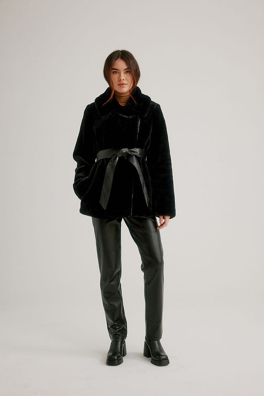 Zip Asymmetric Faux Fur Jacket with Vegan Leather Belt K5508RO-825 - Nikki Jones