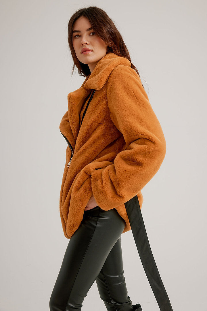 Zip Asymmetric Faux Fur Jacket with Vegan Leather Belt K5508RO-825 - Nikki Jones