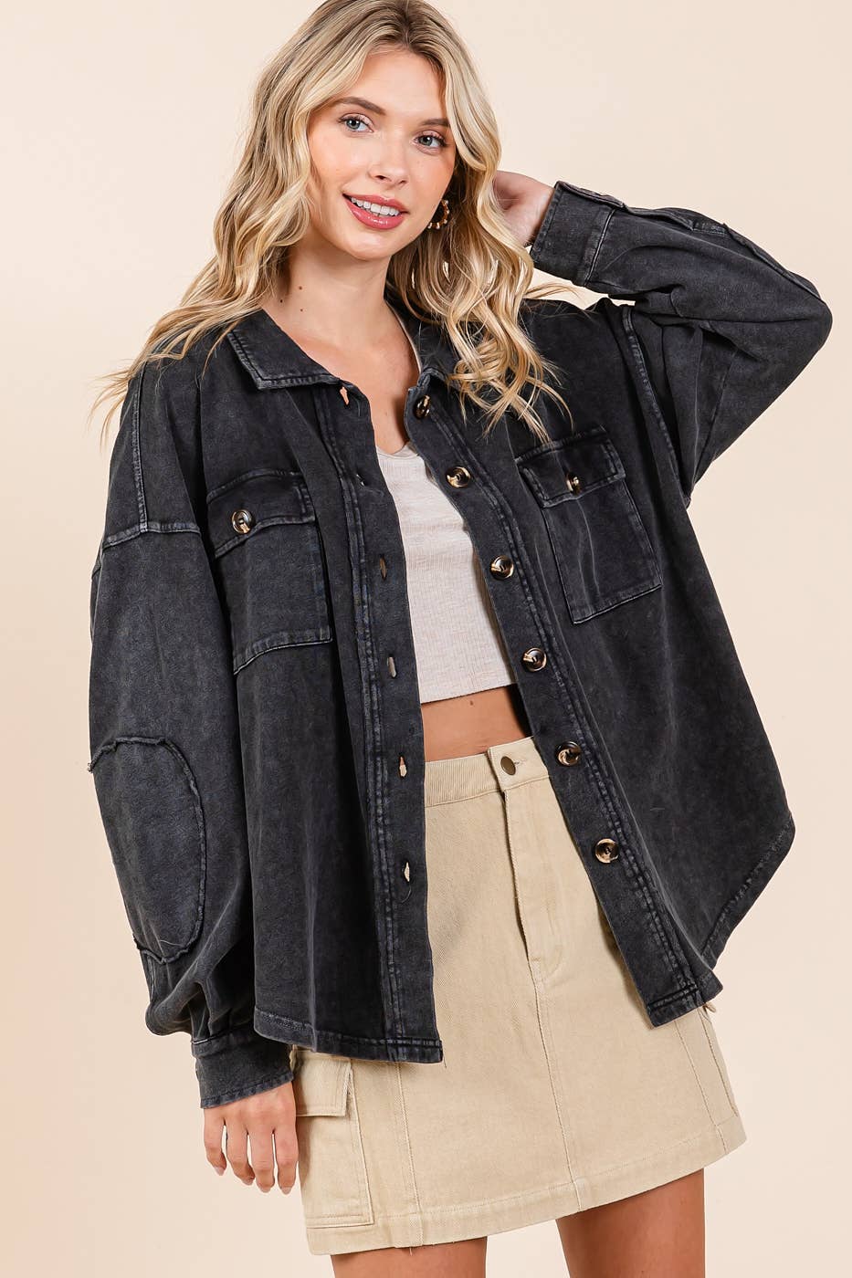 Mineral Wash French Terry Elbow Patch Shacket S15259