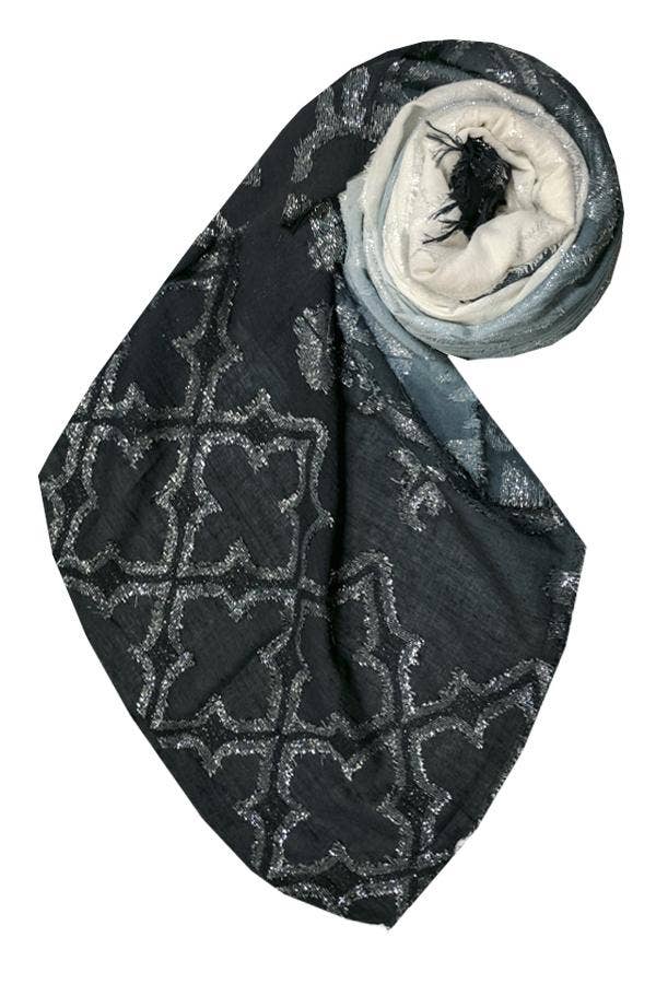 Woven Shine Jacquard Sarong Wrap in Black-White: Woven Shine Scarf in Black