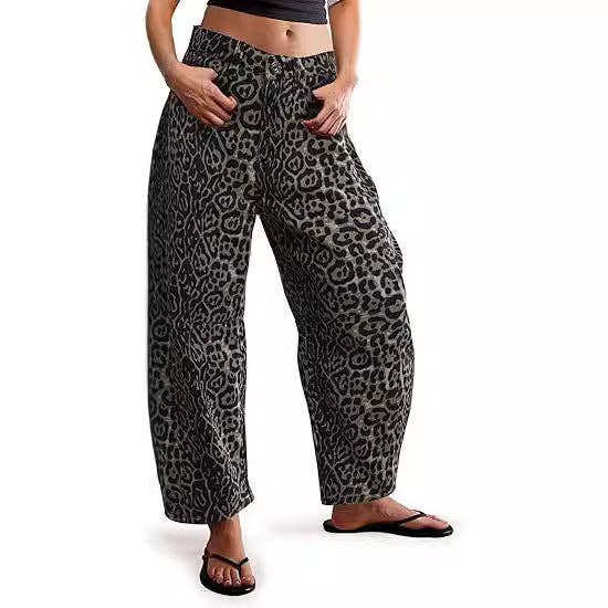 Casual Loose Mid-Rise Straight-Leg Women's Jeans: Brown Leopard / M