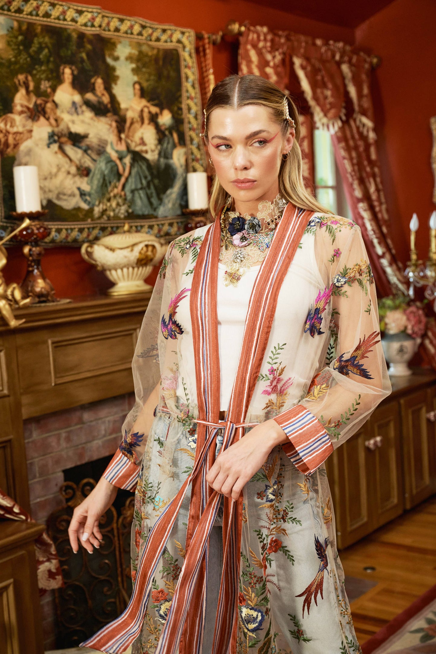 Jade Embroidered Mesh Duster / Topper: Red Stripe/Emb / M