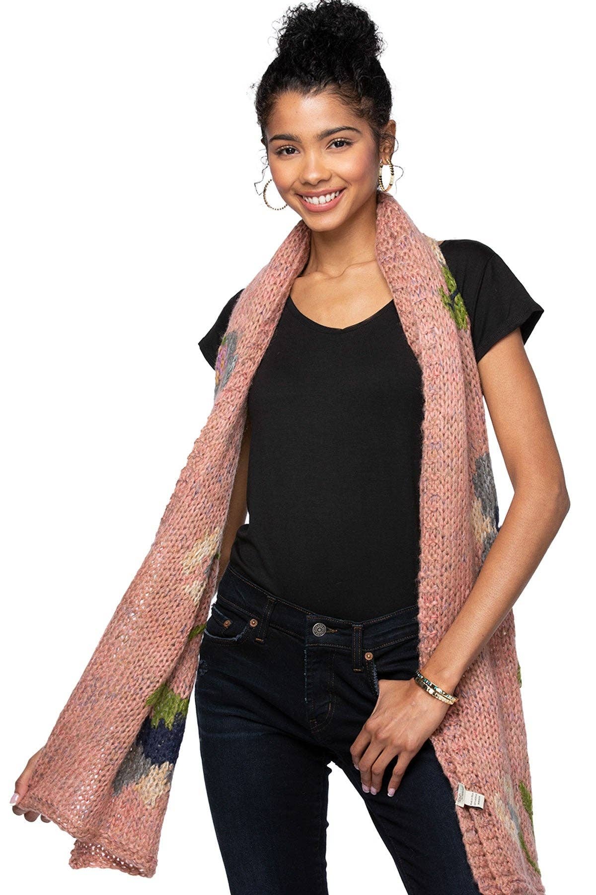 Hand Knit Floral Jacquard Scarf Wrap: Grey / F13C3
