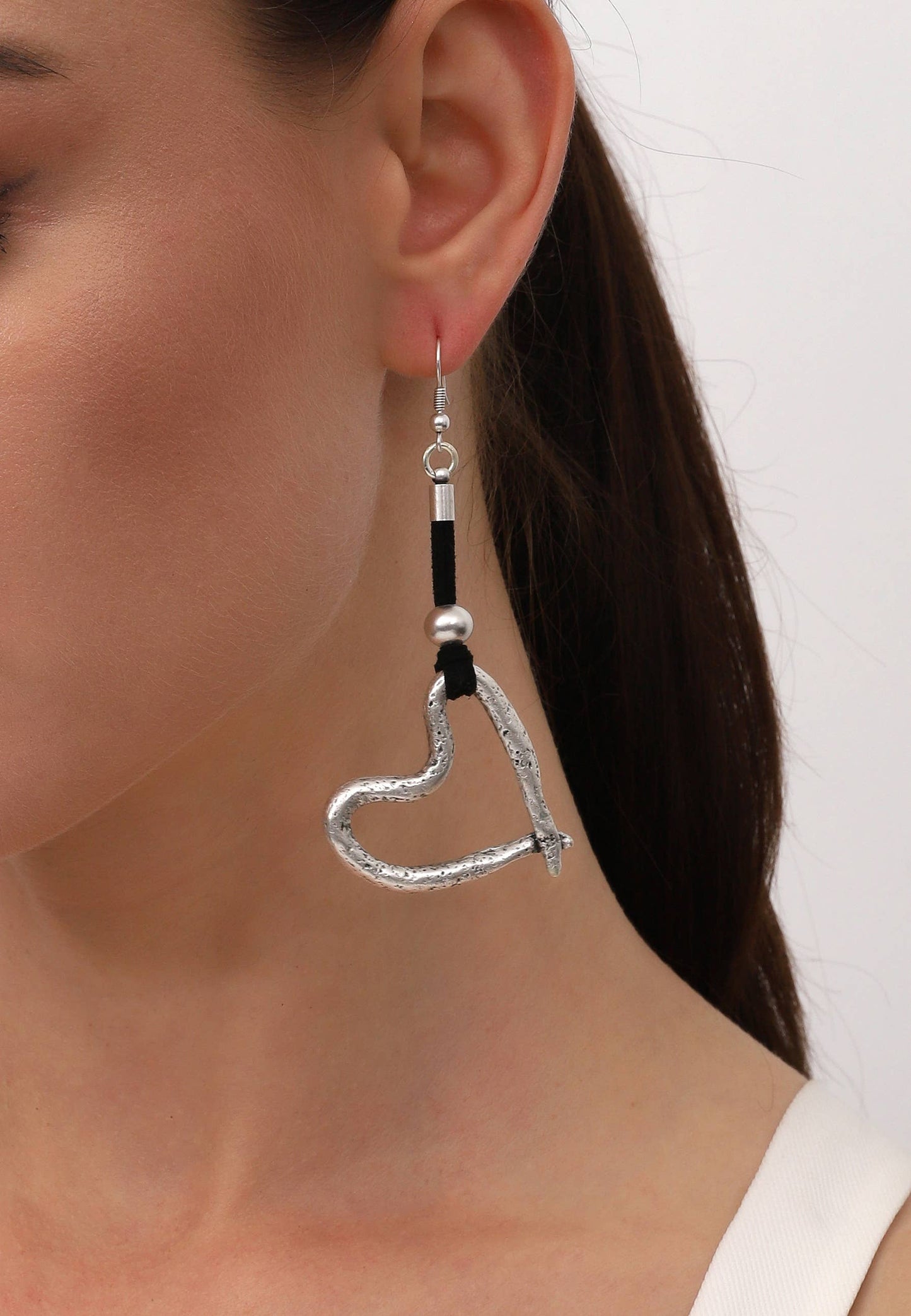 Unique Hummered Surface Open Heart Bracelet and Earrings Set
