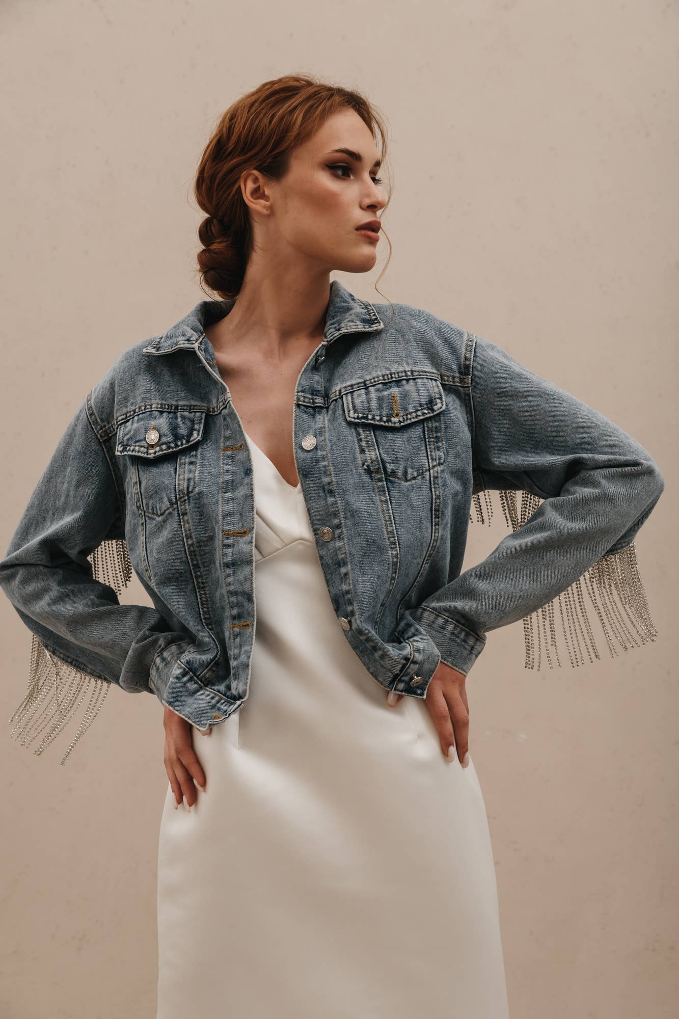 Rhinestone Fringe Jacket: S / Black Denim