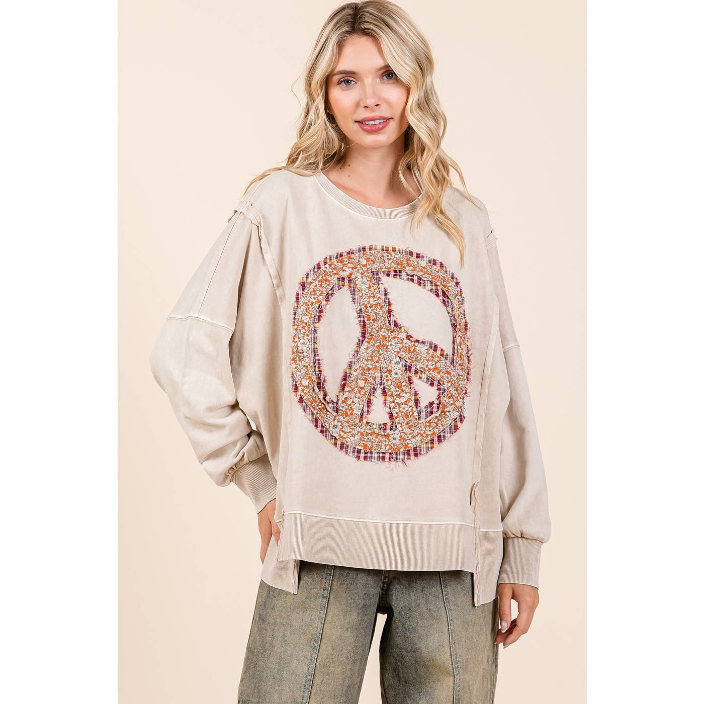 PEACE SIGN PATCH MINERAL WASH SWEATSHIRT: BONE / S/M-M/L(3-3)