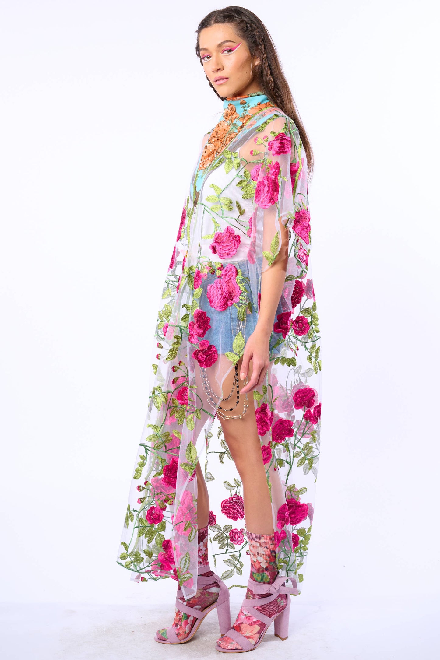 Holiday Of Love Embroidered Mesh Kimono / Topper : Rose Embroidery / One Size