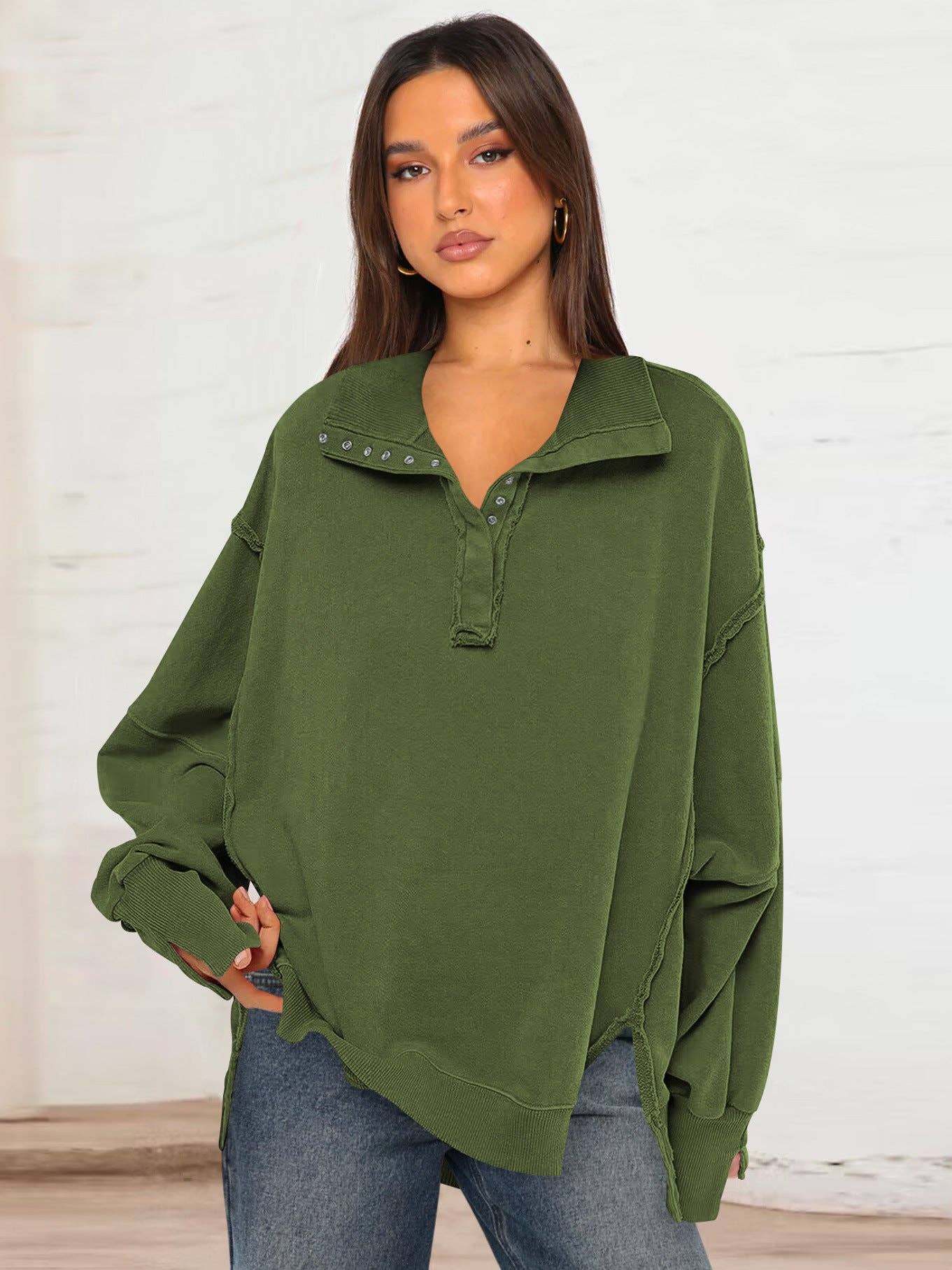Trendy Casual Polo Neck Sweatshirt with Lantern Sleeves: E24W0340-043 / S